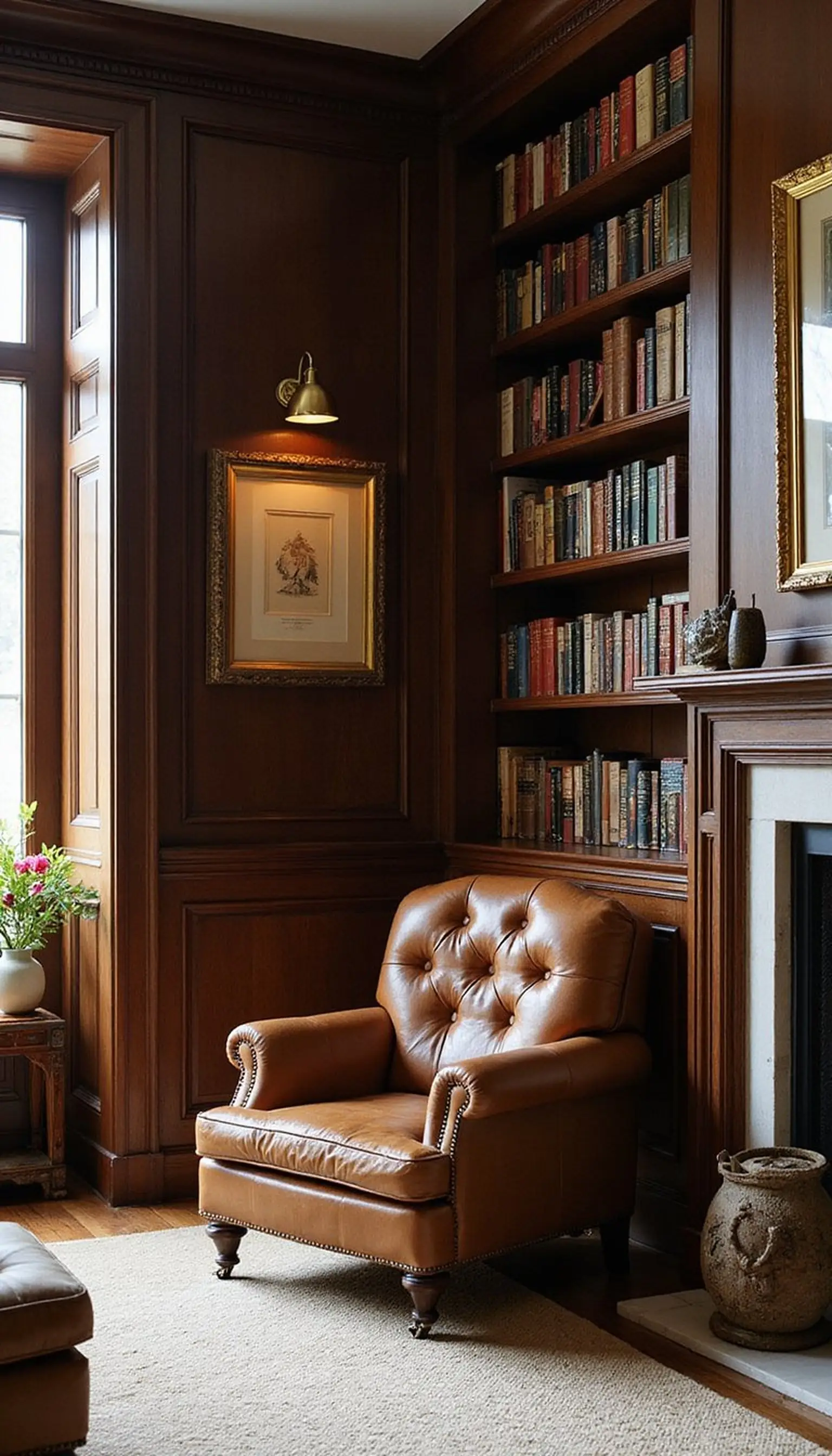 Library corner with built-in bookshelves