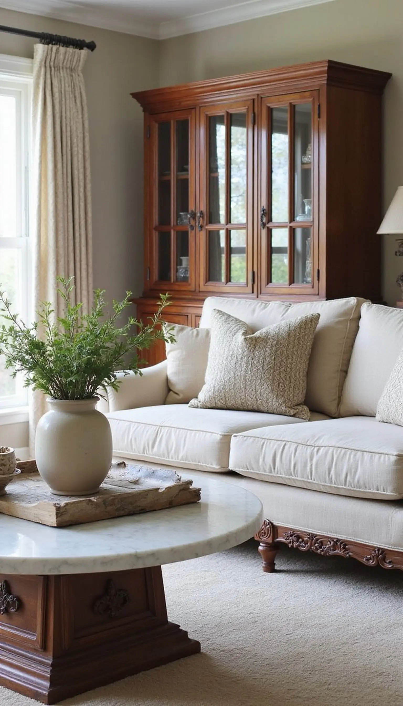 Marble coffee table with carved wood accents