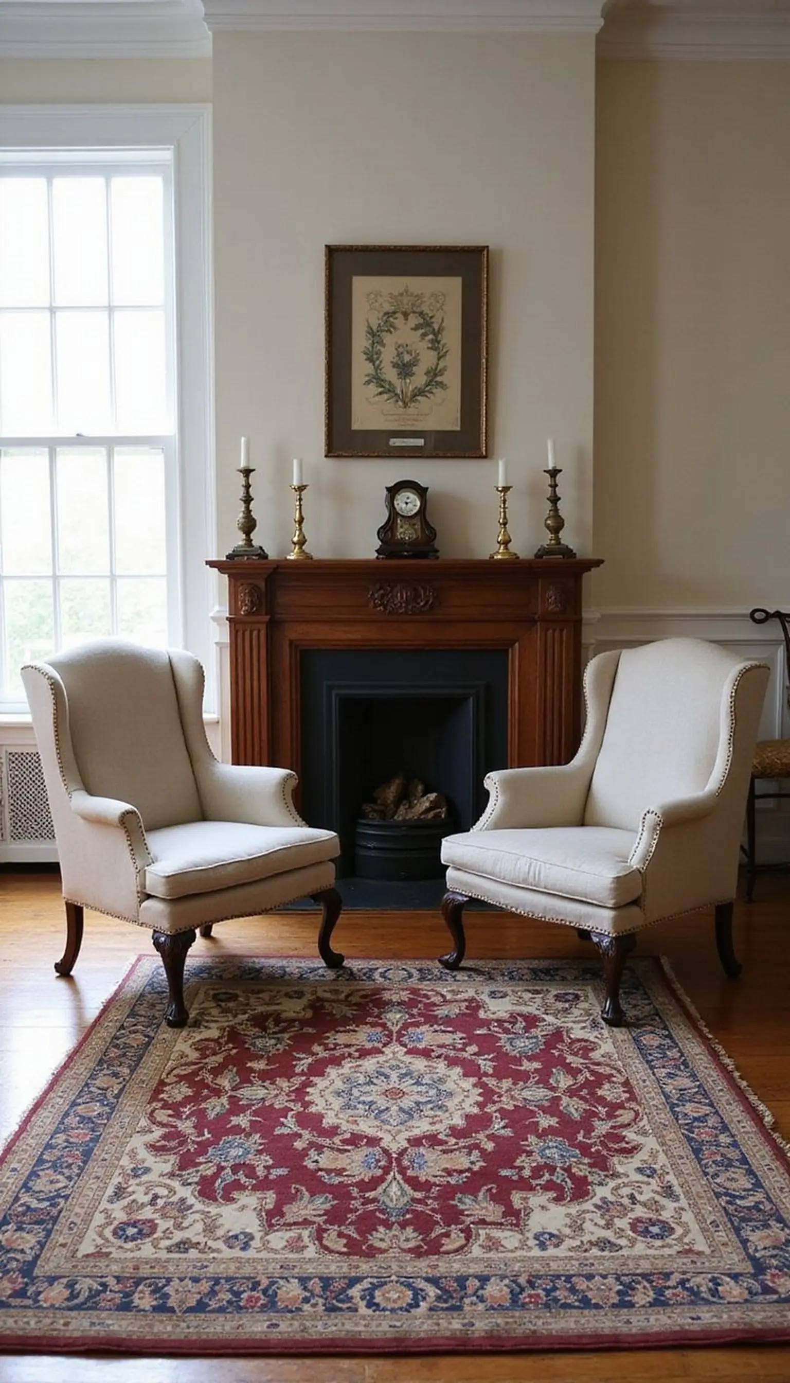 Symmetrical seating with wingback chairs and mantel