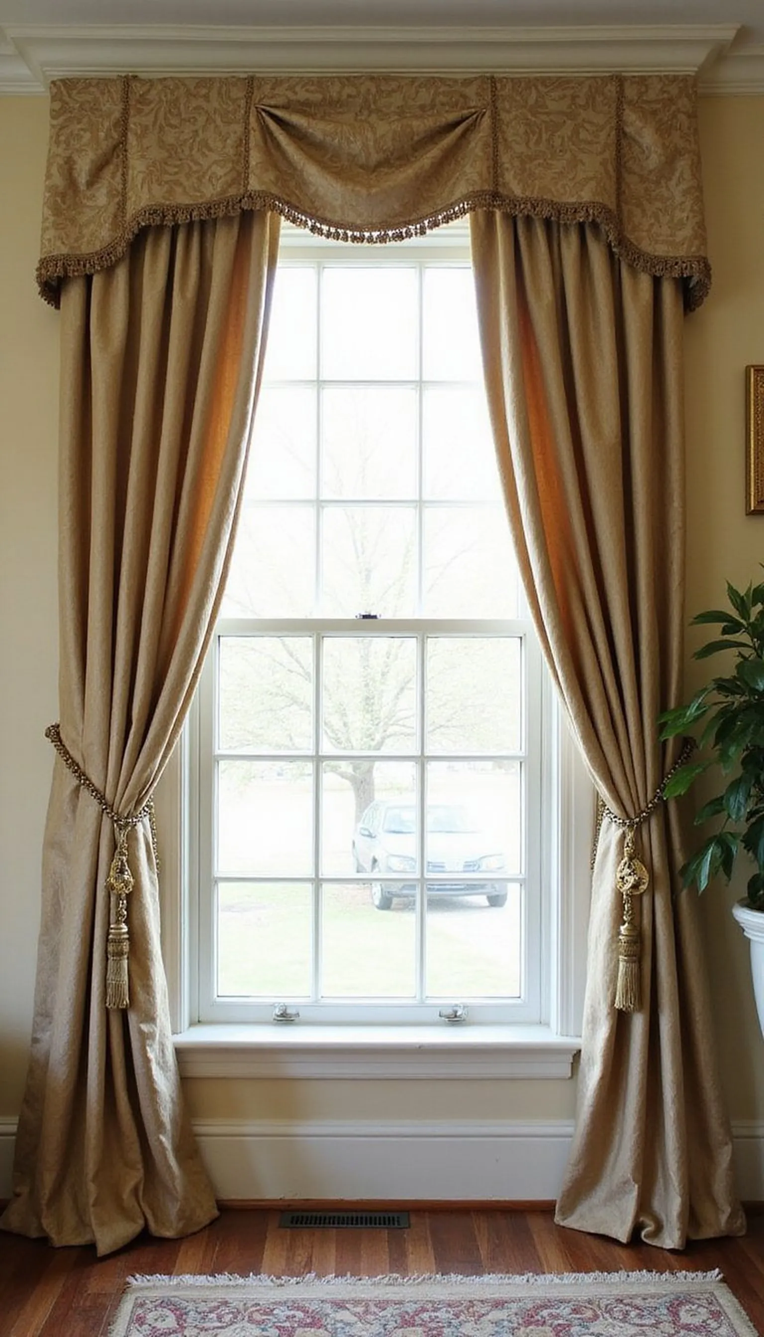 Tailored silk drapes with decorative cornices