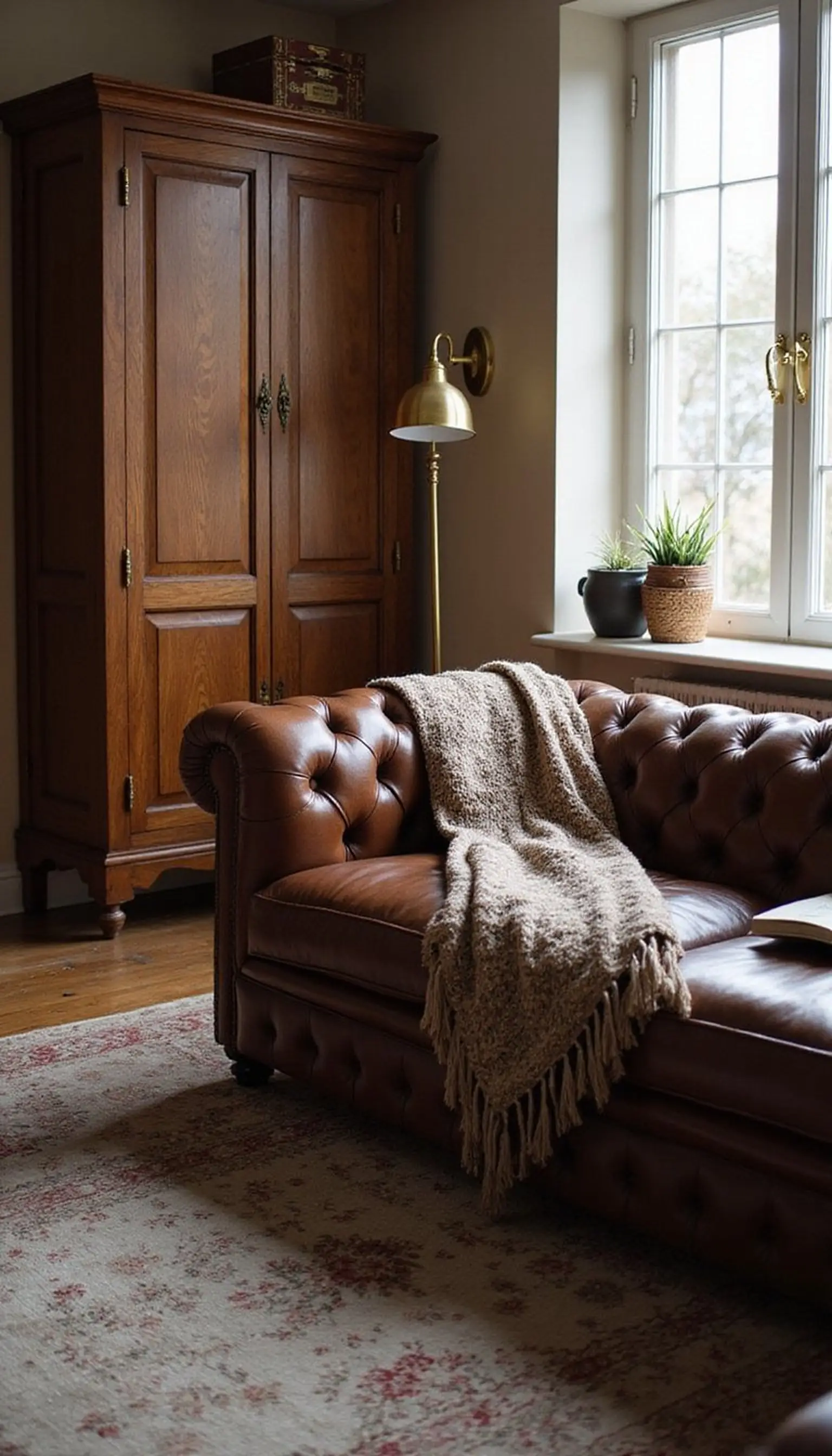 Tufted leather and dark oak for old-world warmth