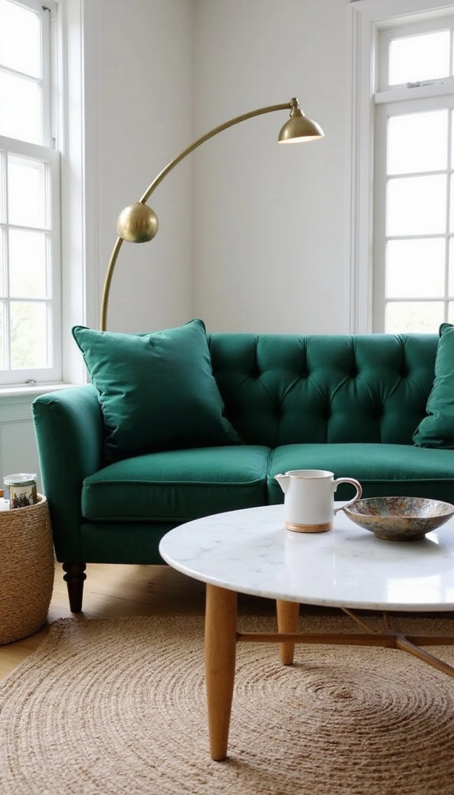 Velvet sofa paired with warm brass lighting