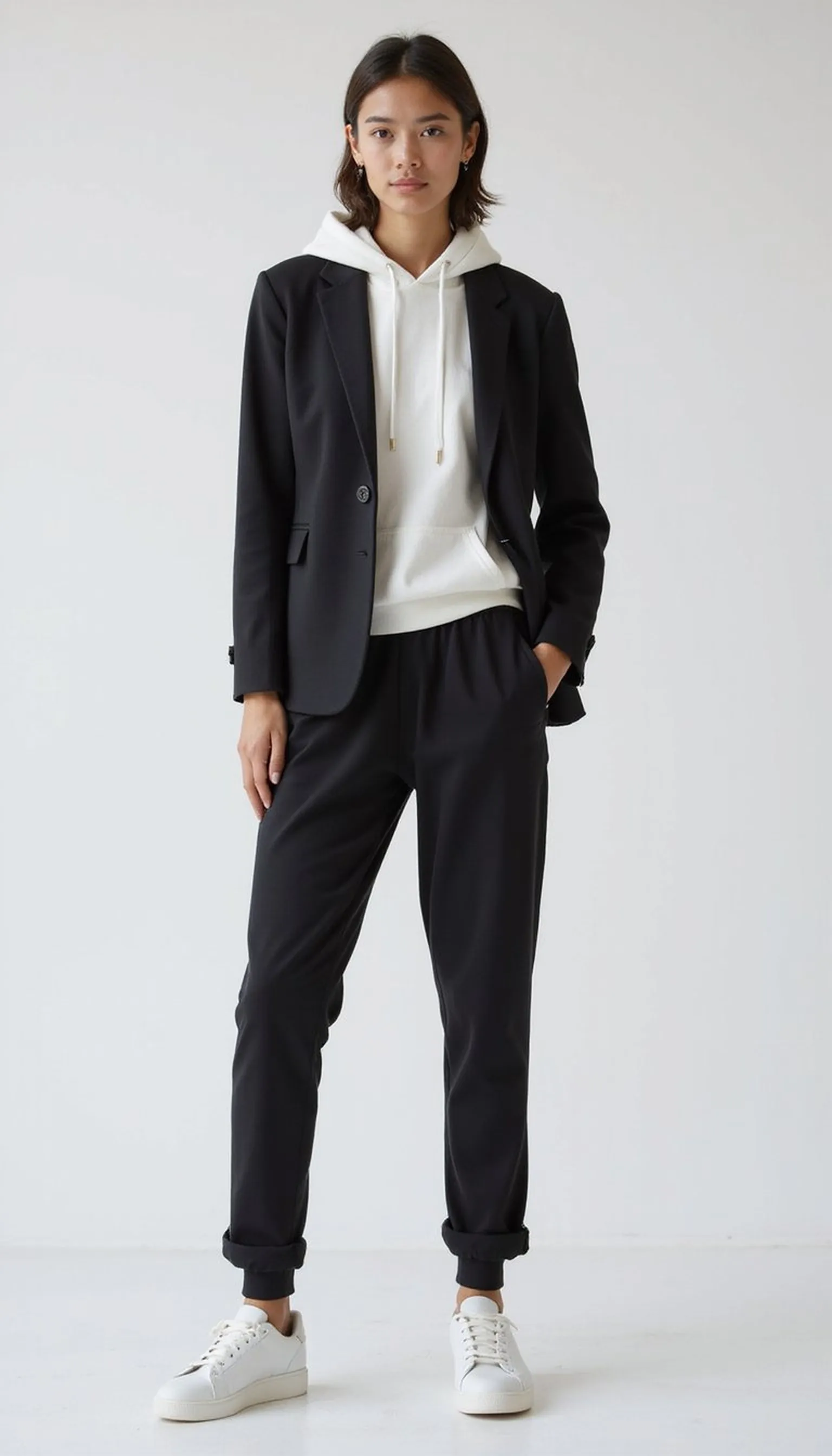 Blazer over a hoodie — daytime polished contrast