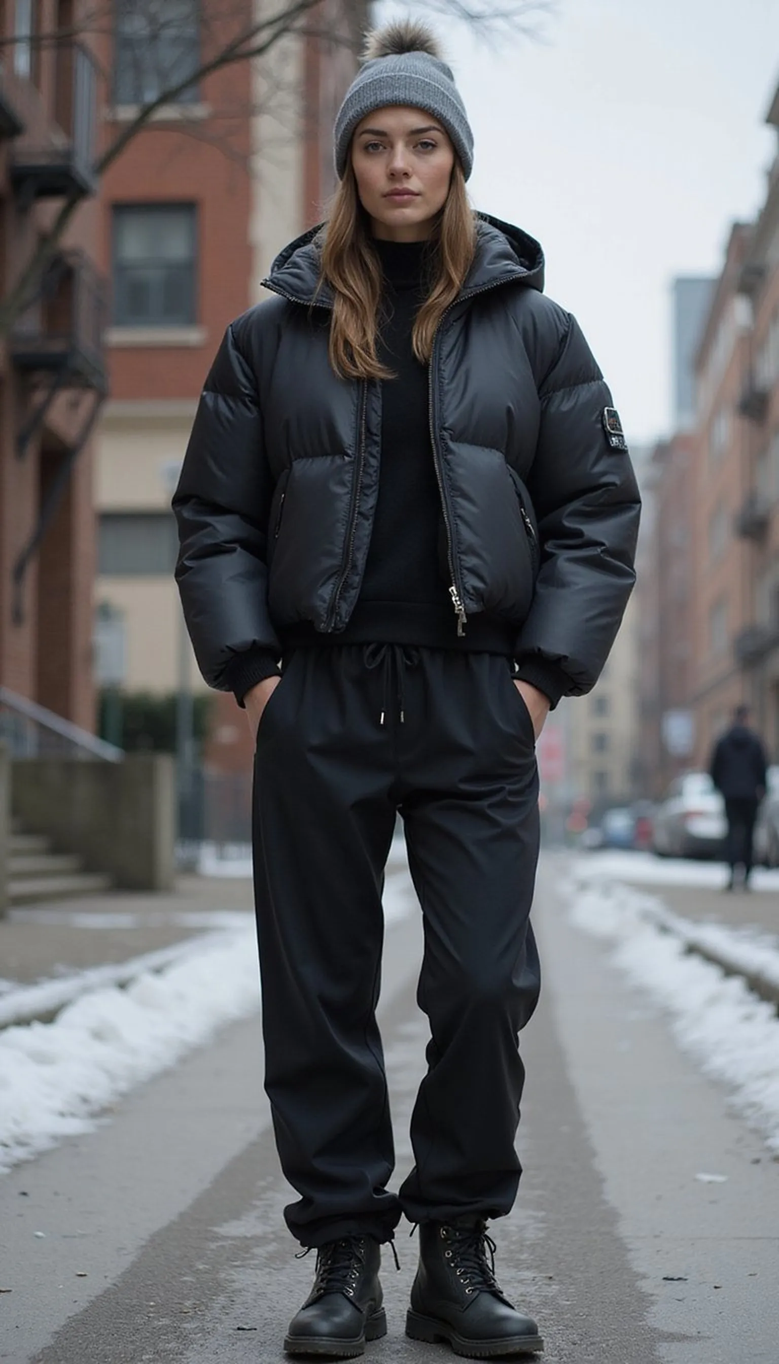 Cropped puffer with wide-leg joggers for winter ease