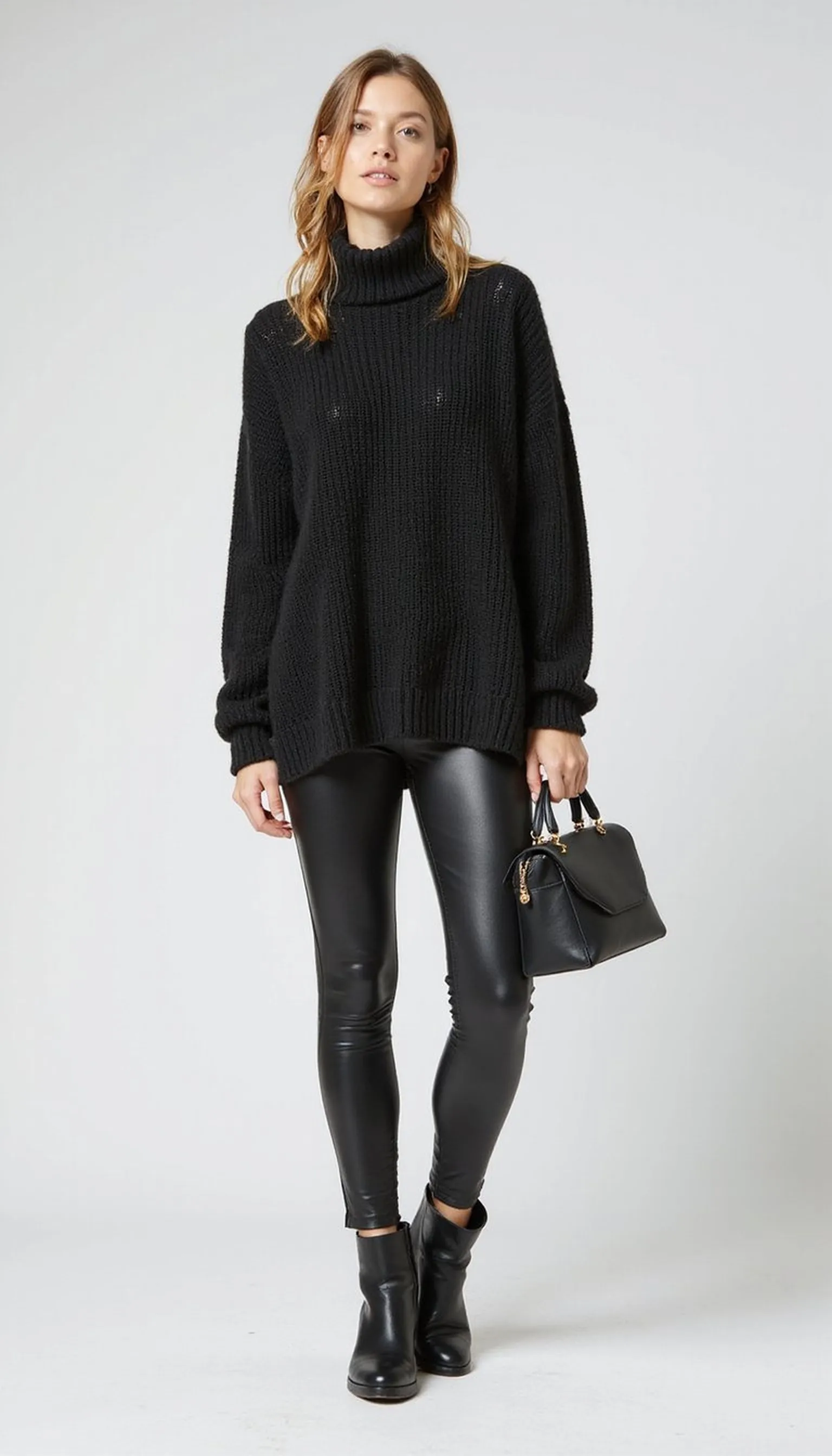 Faux leather leggings with an oversized sweater — edgy cozy