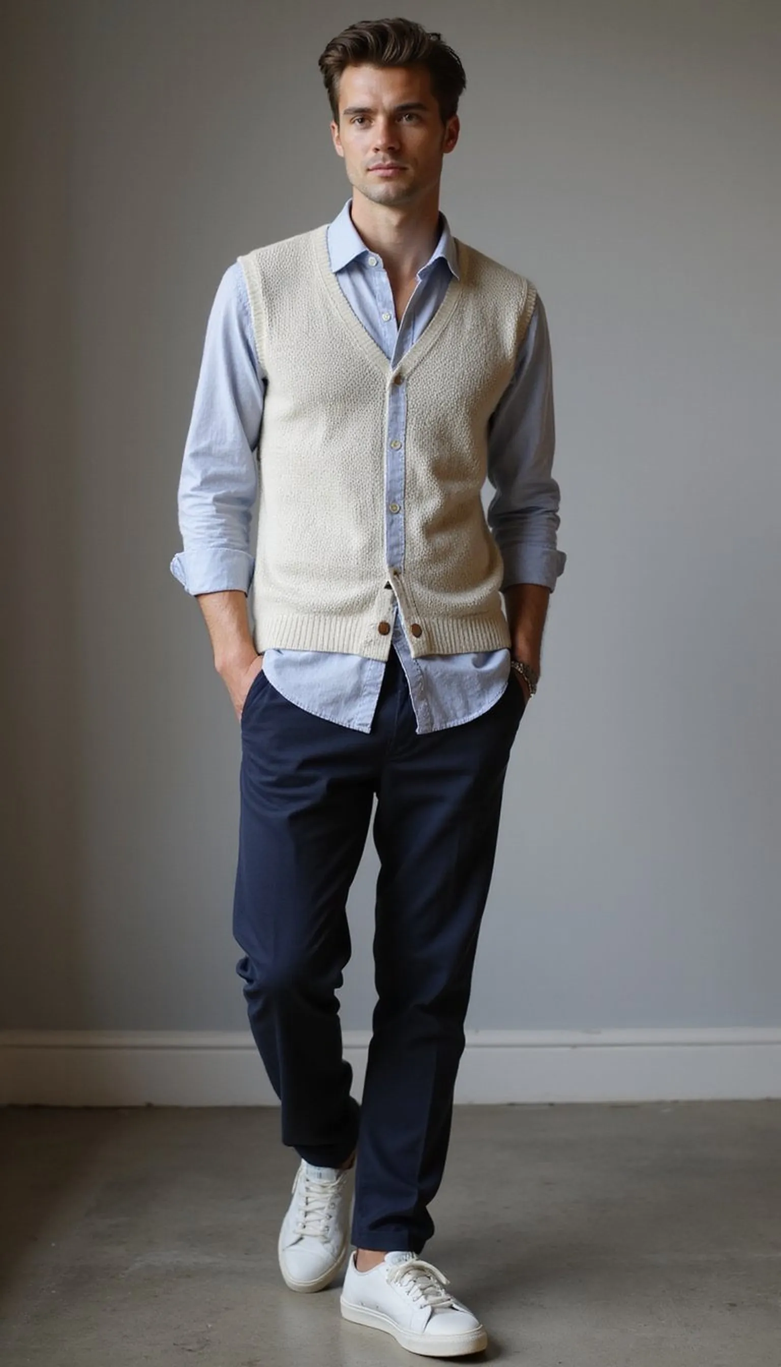 Layered button-down under a crewneck — smart casual flip
