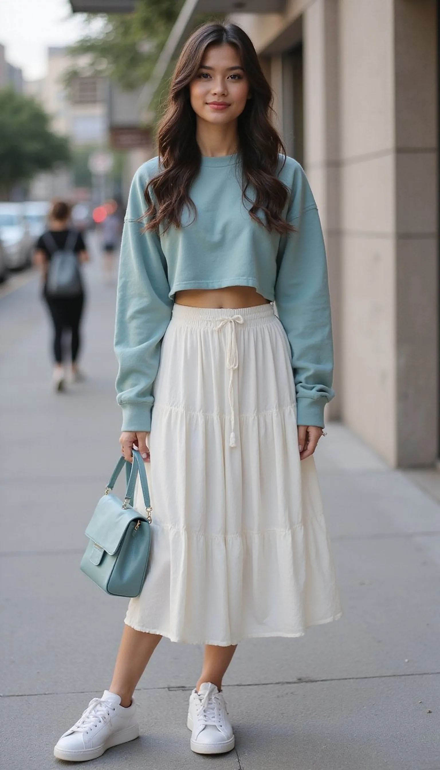 Midi skirt paired with a cropped sweatshirt — unexpected mix