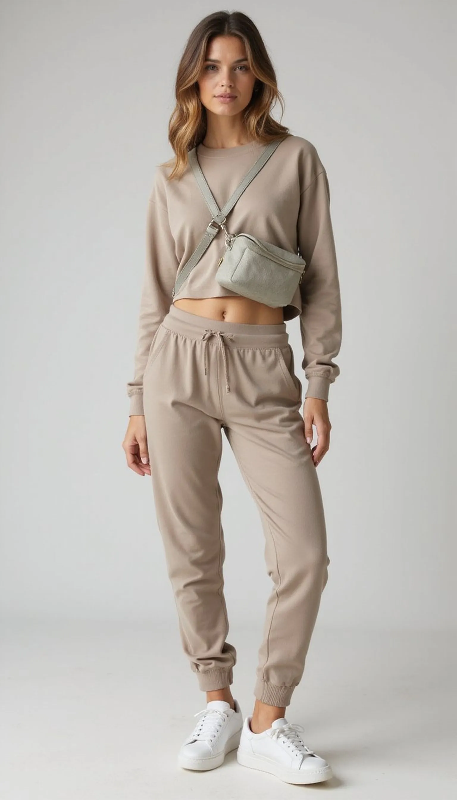 Neutral monochrome jogger set with white sneakers