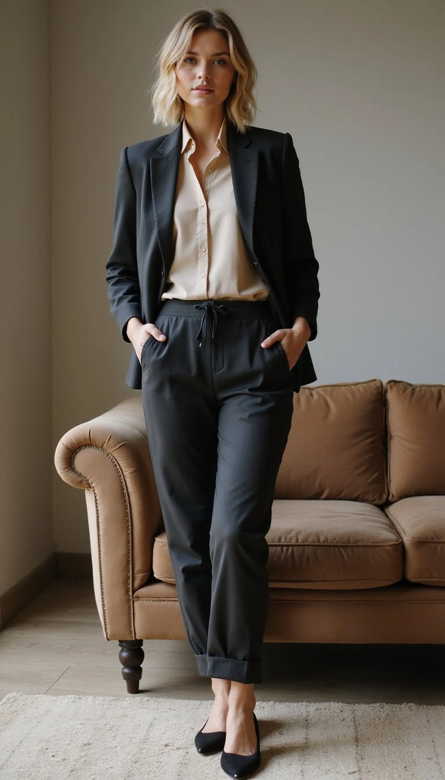 Slim track pants with a silk blouse — sporty meets sleek