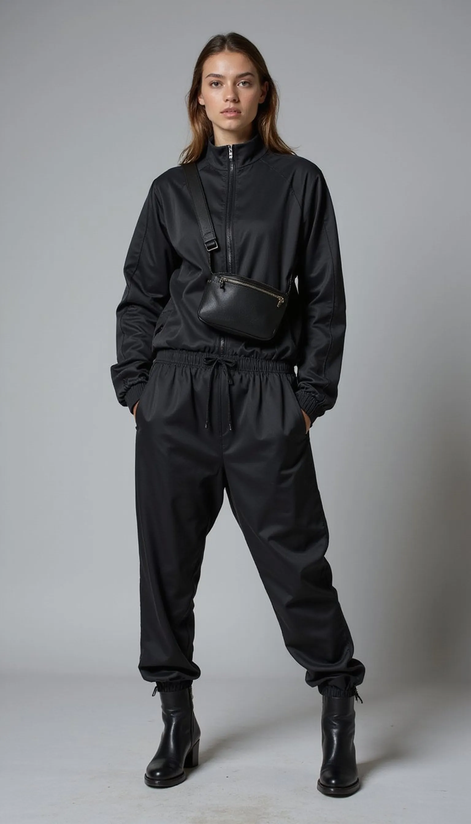 Track jacket with paperbag waist joggers — modern proportions