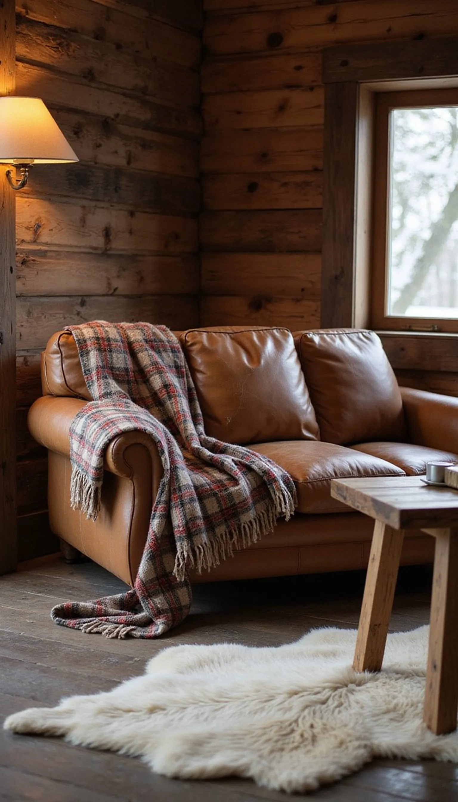 Alpine chalet den layered with plaids and wood
