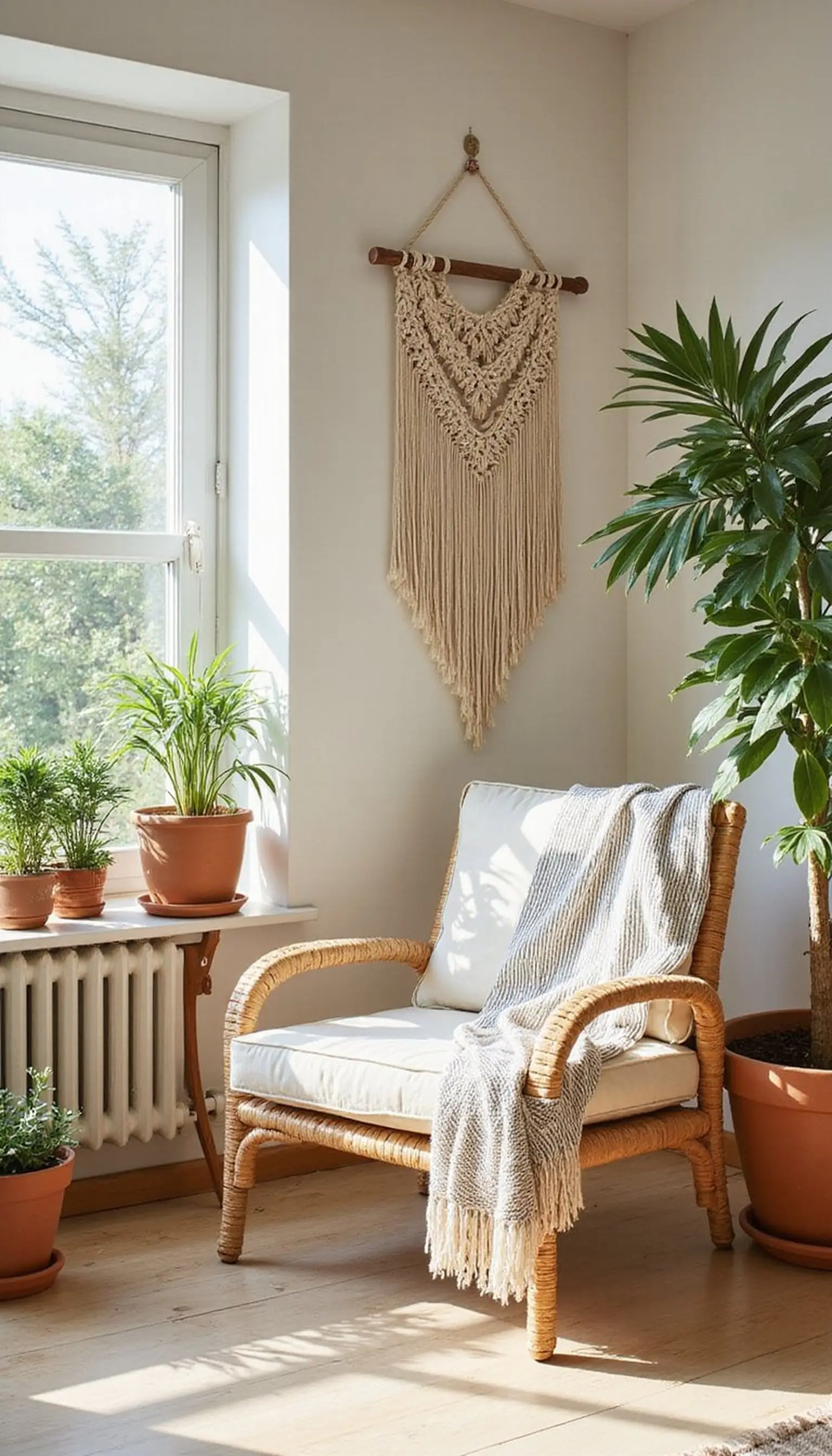 Bohemian Riviera sunroom with rattan and palms