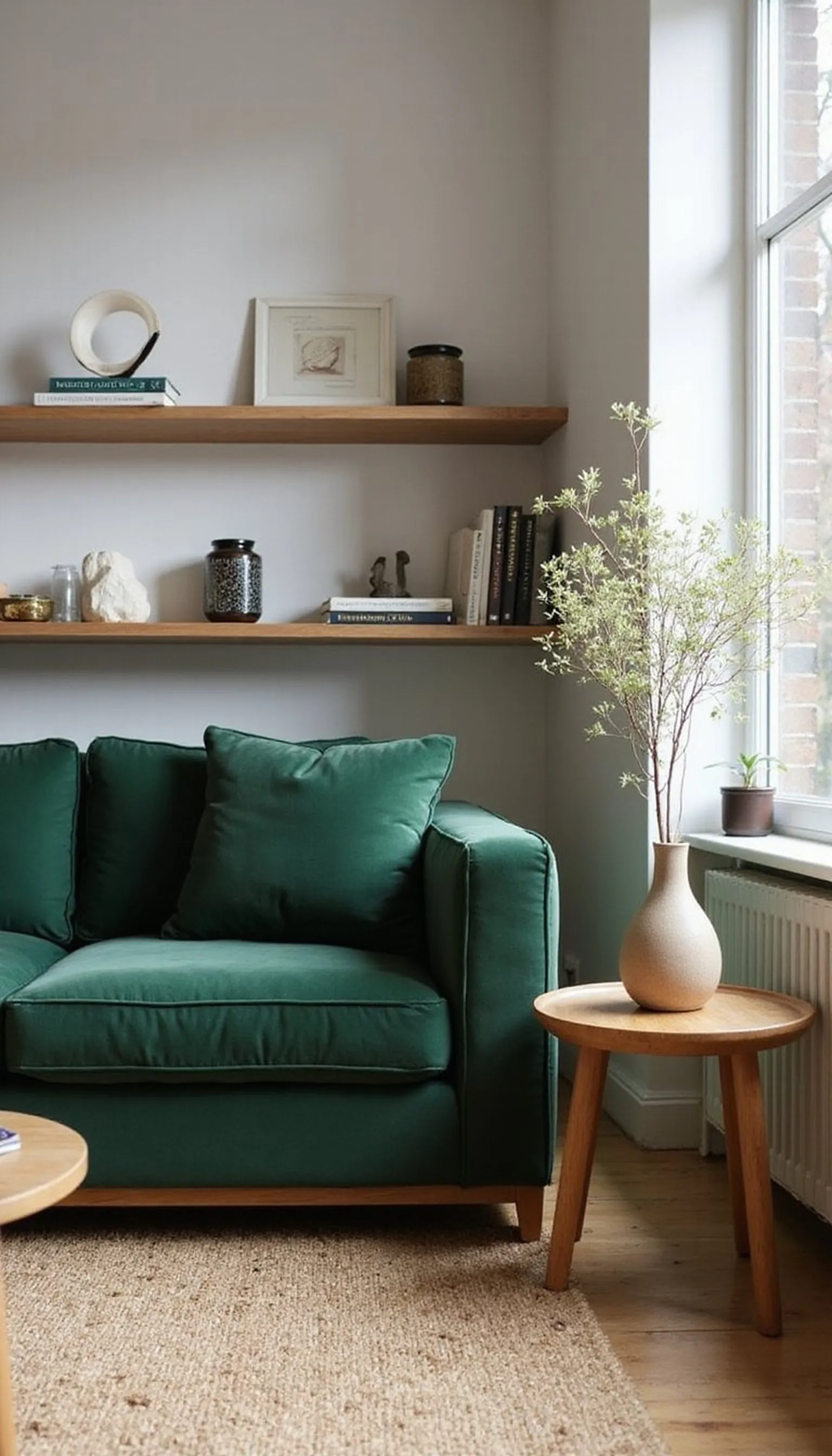 Dutch minimal living room with deep green and oak