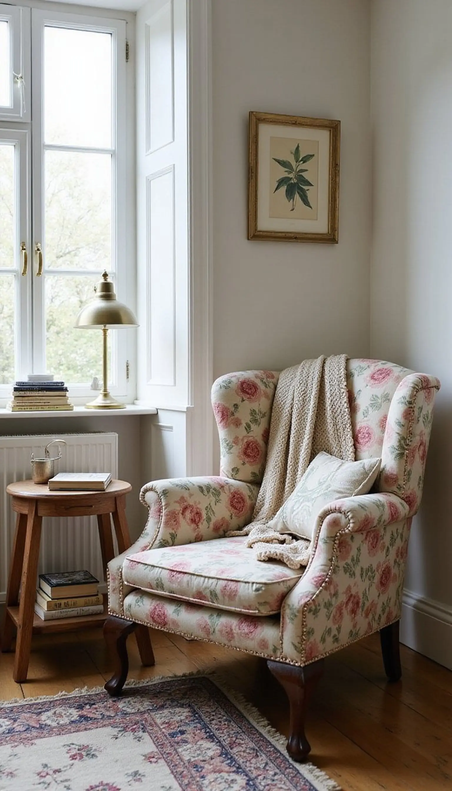 English cottage reading corner: floral, brass, and books