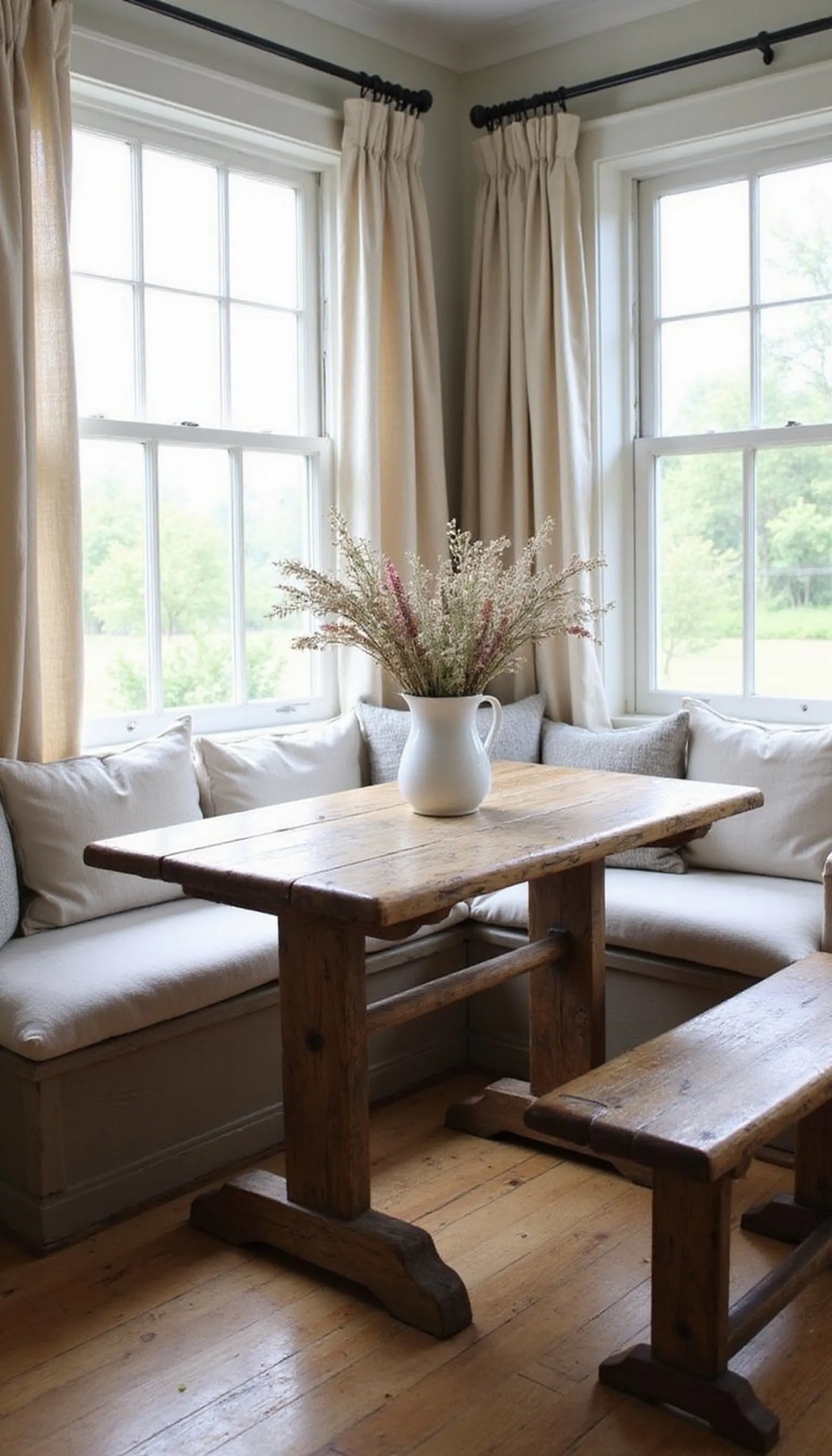 French farmhouse kitchen nook with rustic wood table