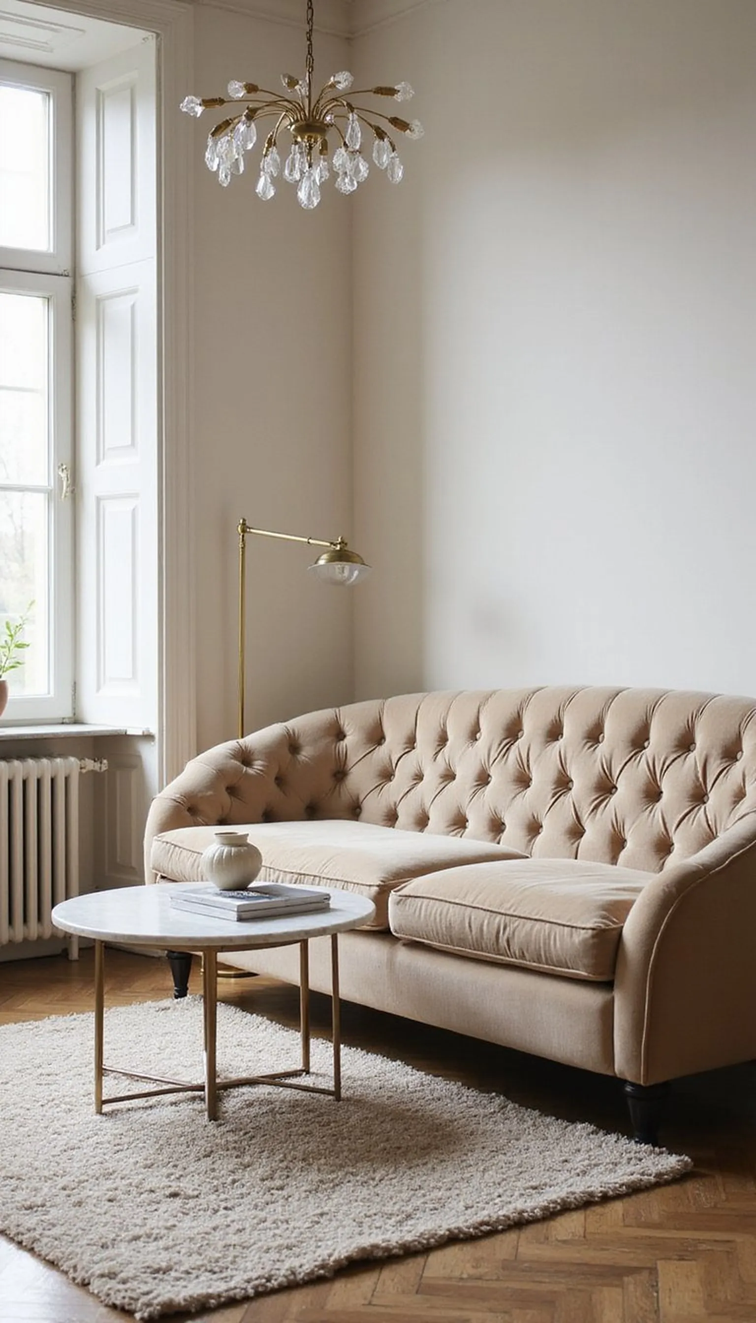 Parisian apartment living room with velvet and marble