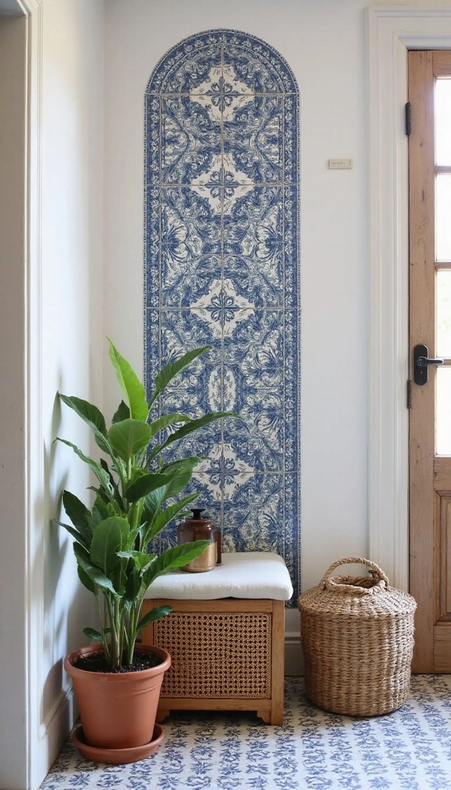 Portuguese azulejo tile corner with cane bench