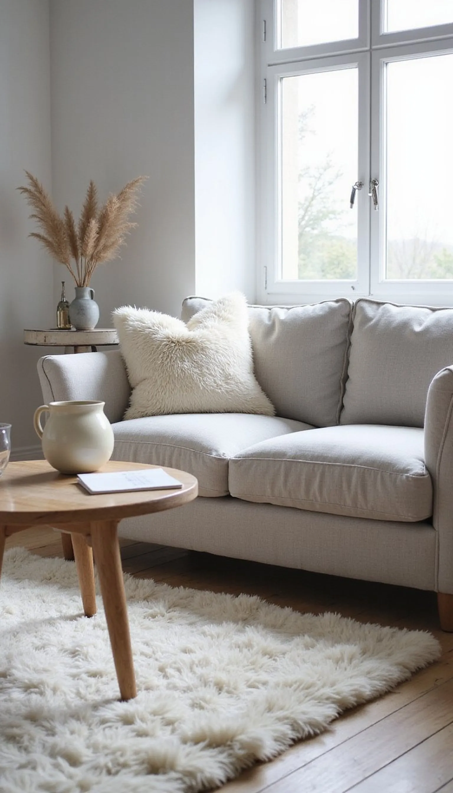 Scandinavian light-filled living space with sheepskin