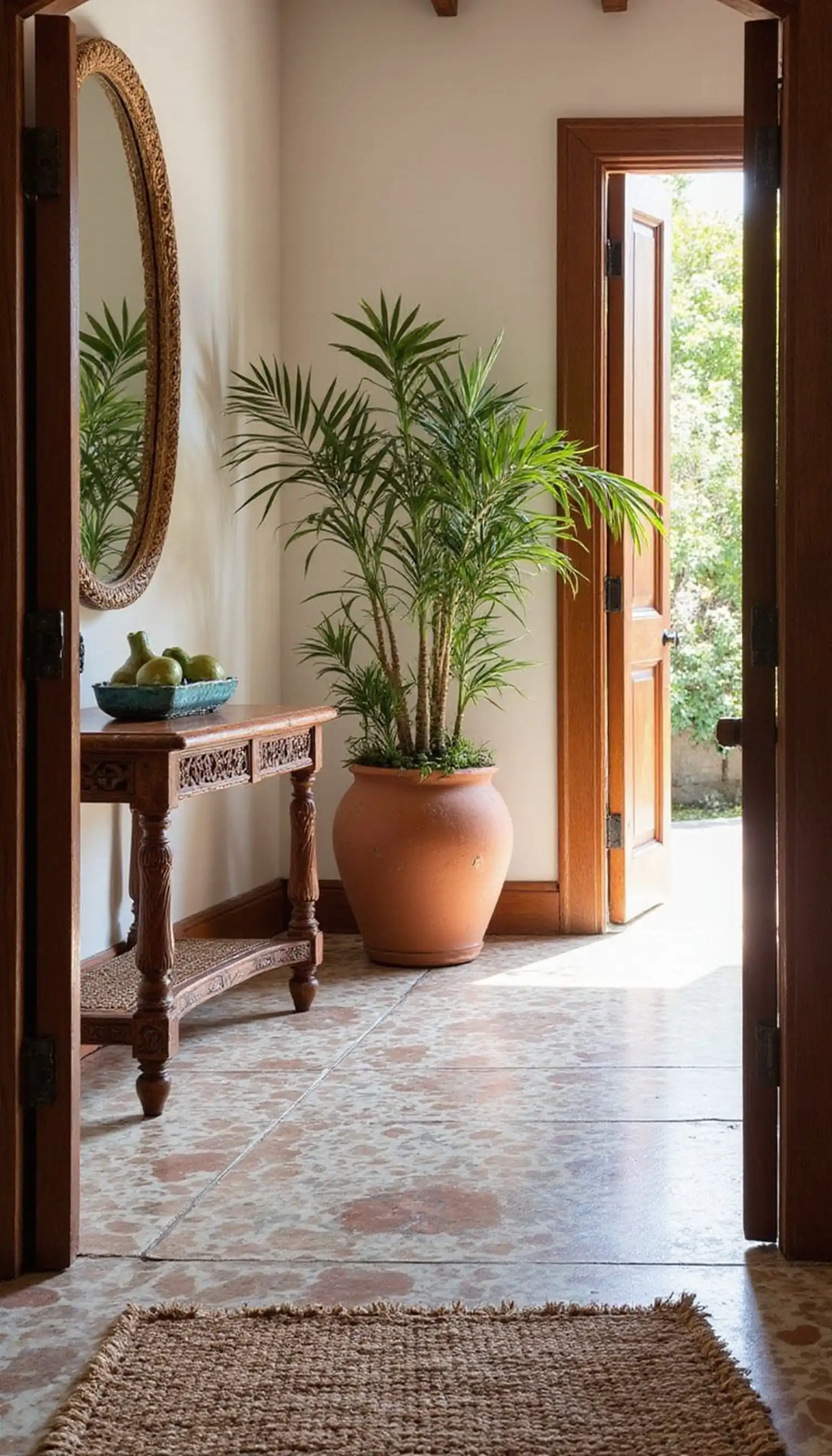 Spanish hacienda entry with colorful tiles and terracotta