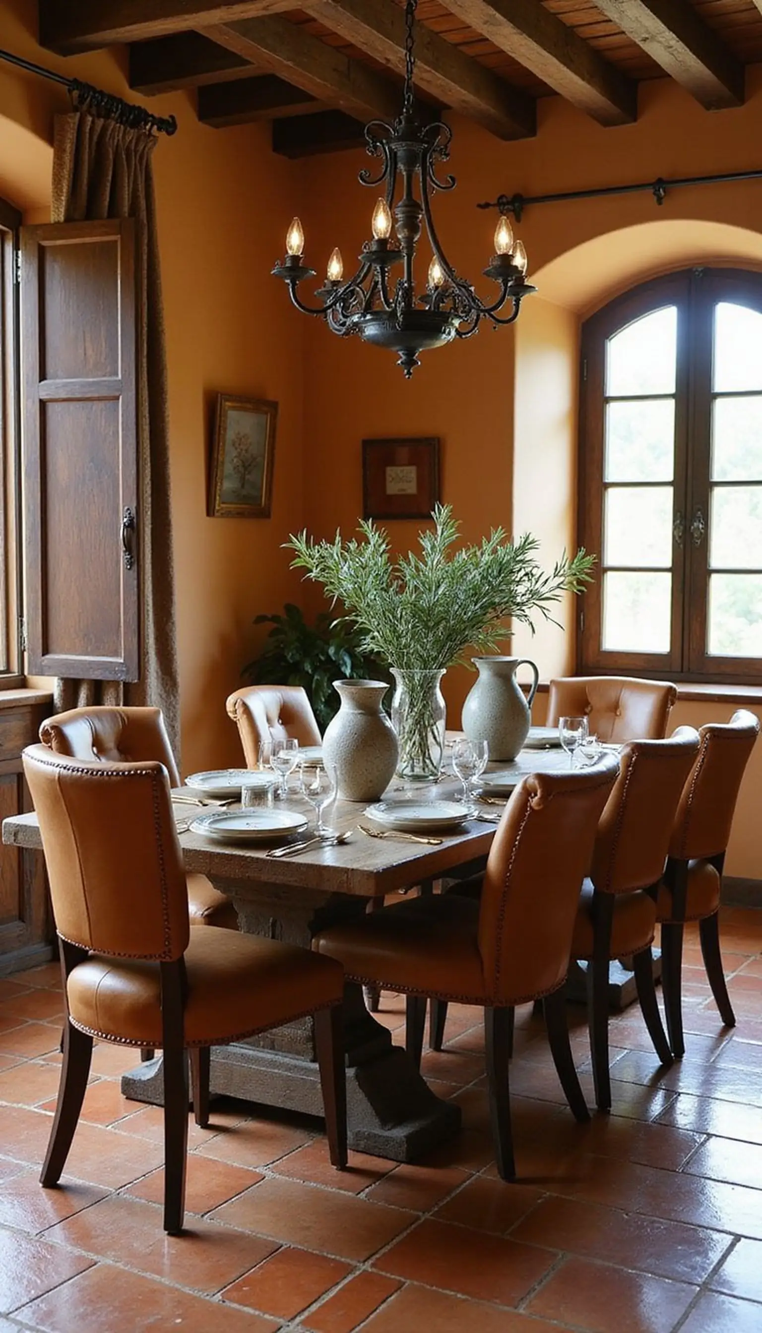 Tuscan dining room: rustic oak and leather chairs