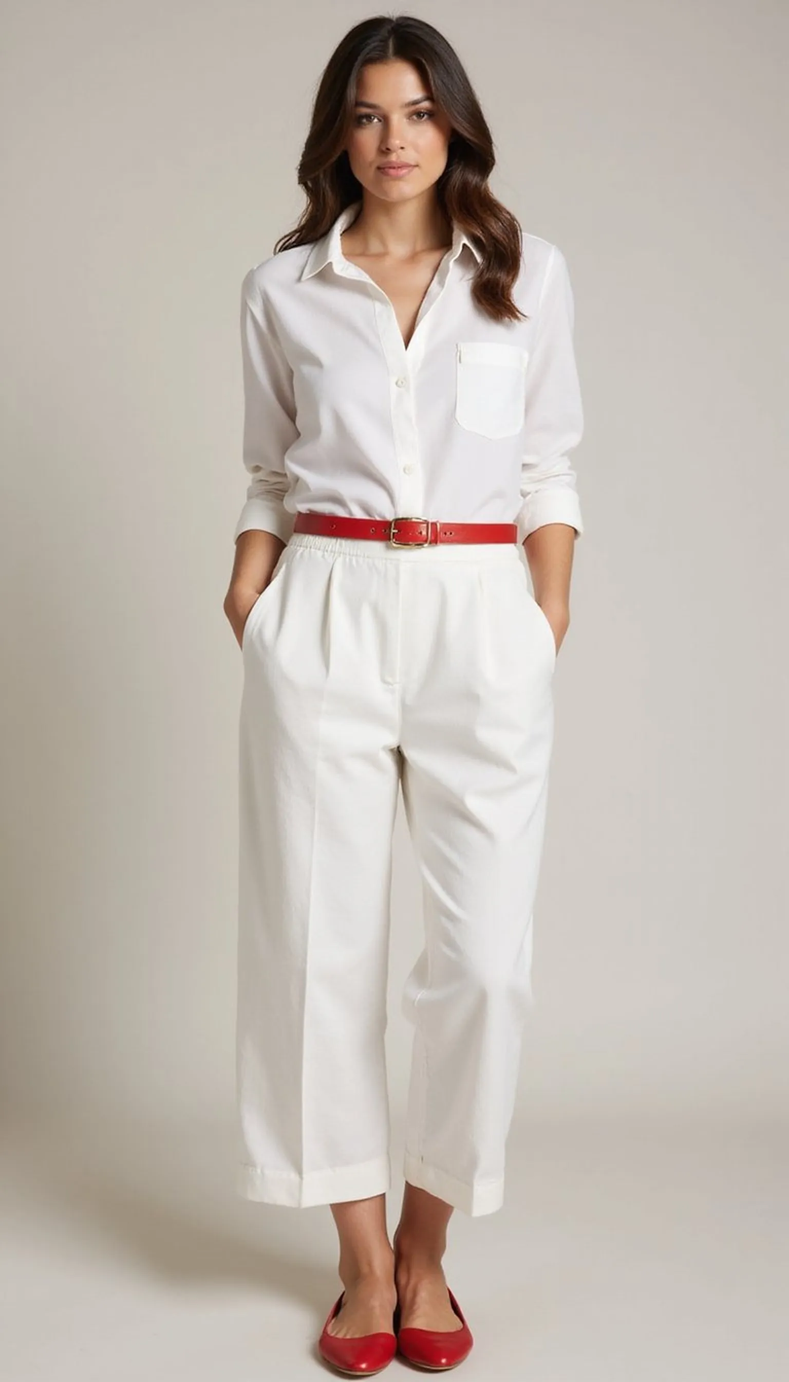 All-white look with small red accents