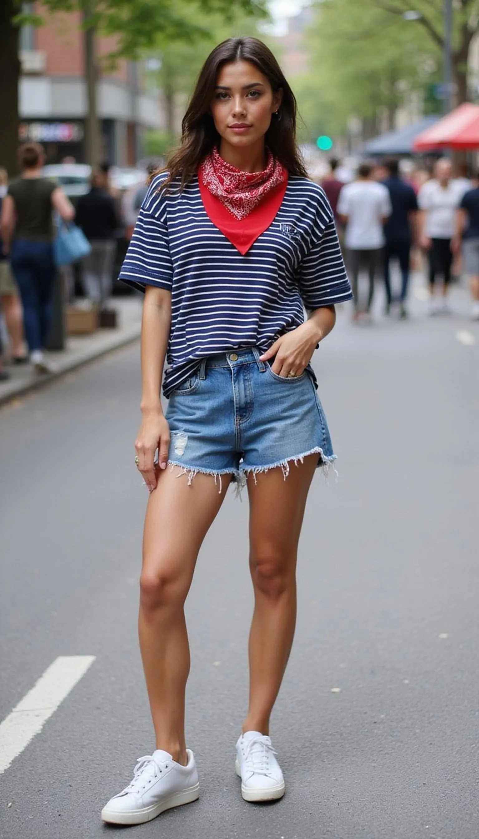 Denim shorts + striped tee: casual parade outfit