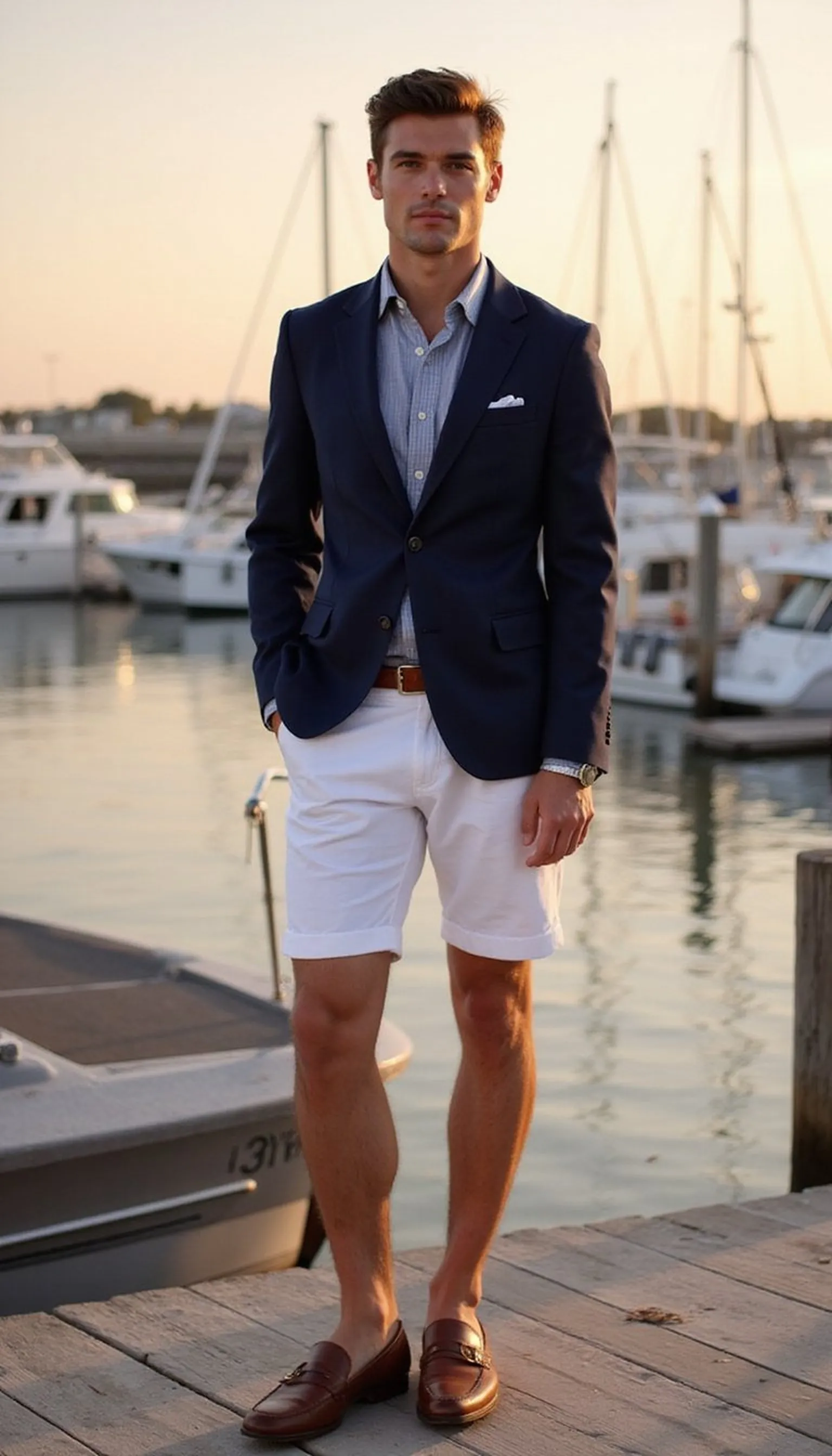 Nautical blazer and white shorts: preppy evening look