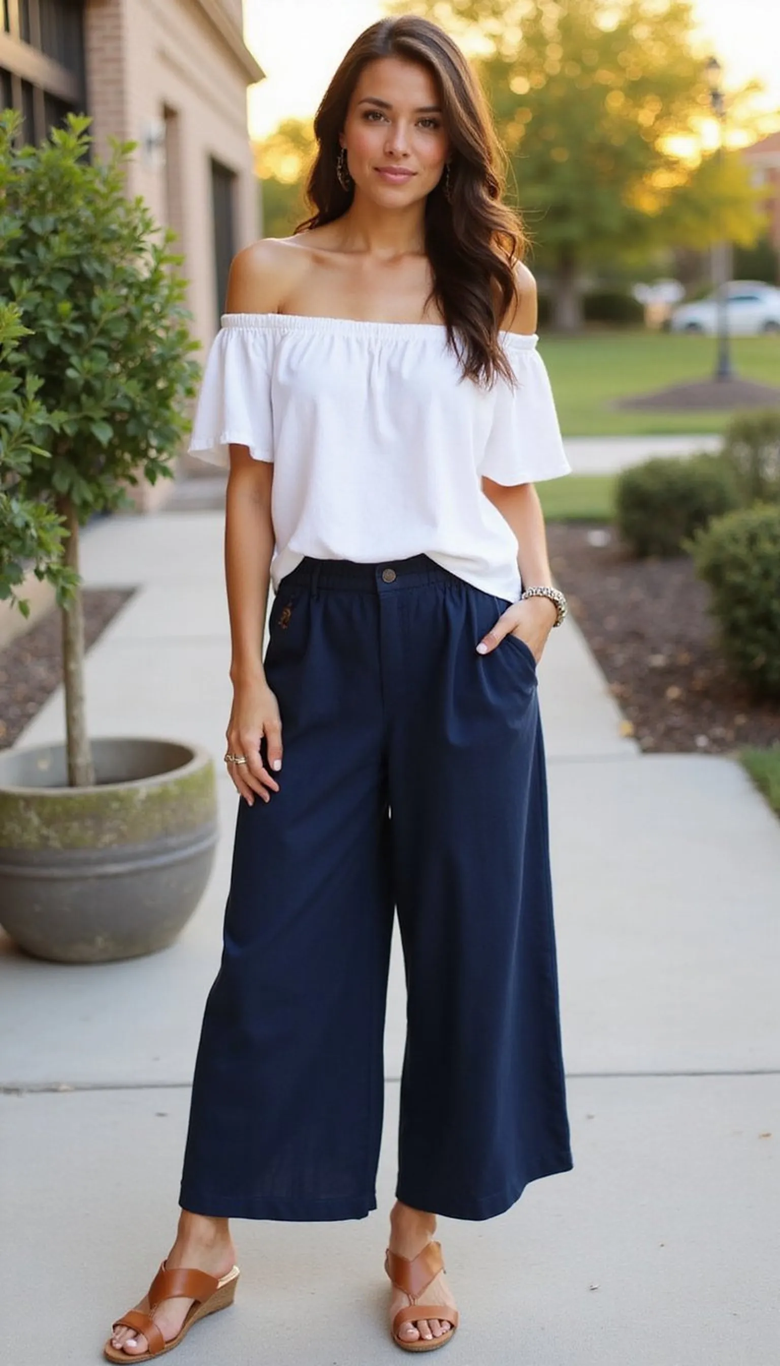 Off-the-shoulder top with wide-leg pants