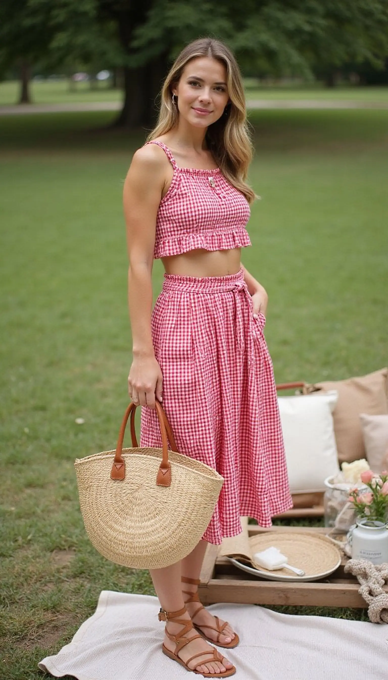 Red gingham two-piece set for picnic dates