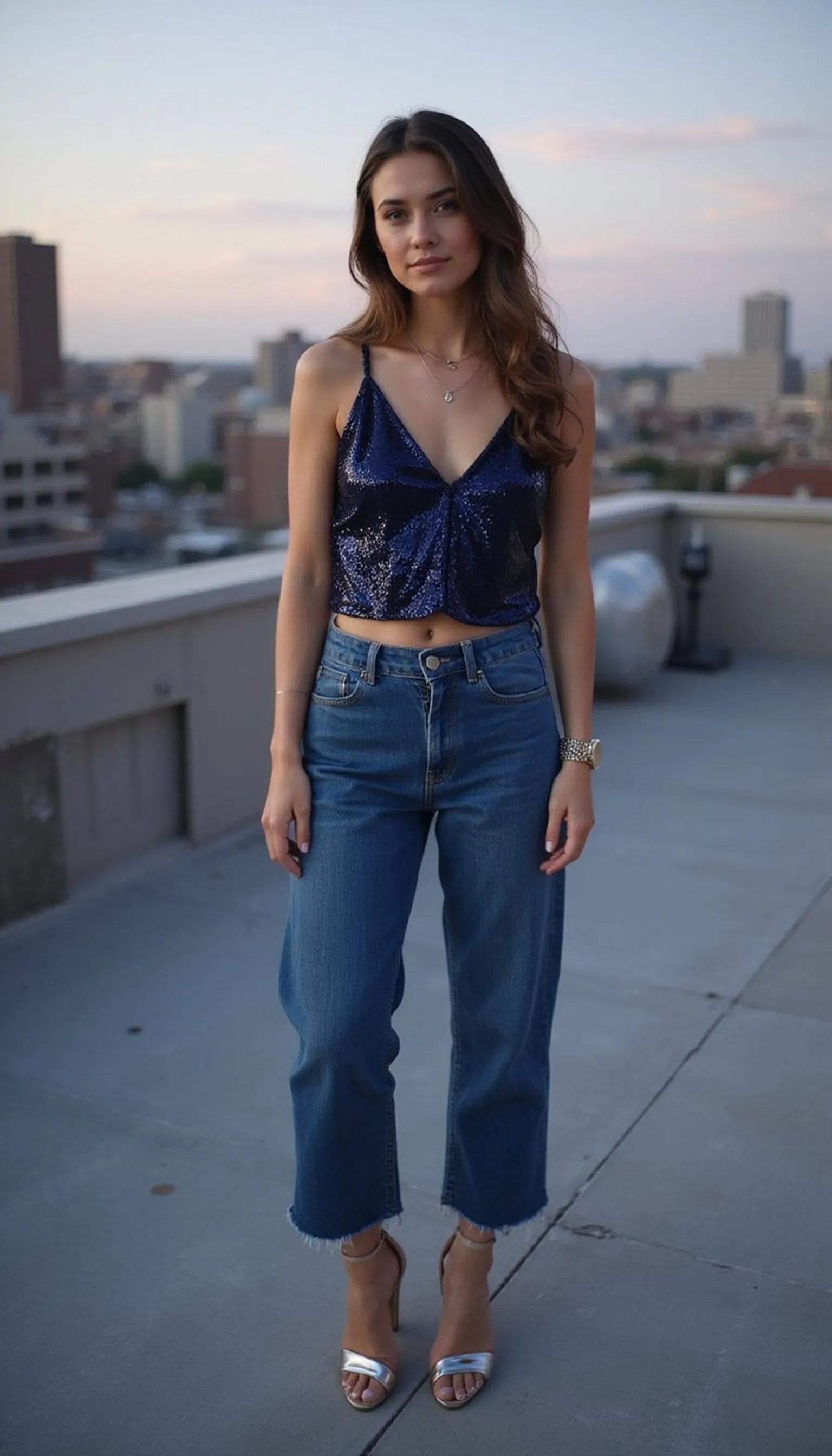 Sequin top with high-rise jeans: fireworks sparkle