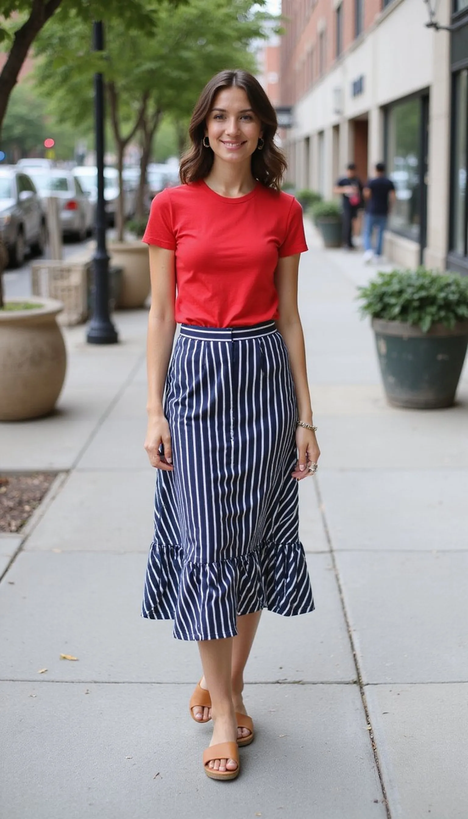 Striped midi skirt with red tee — casual-cool