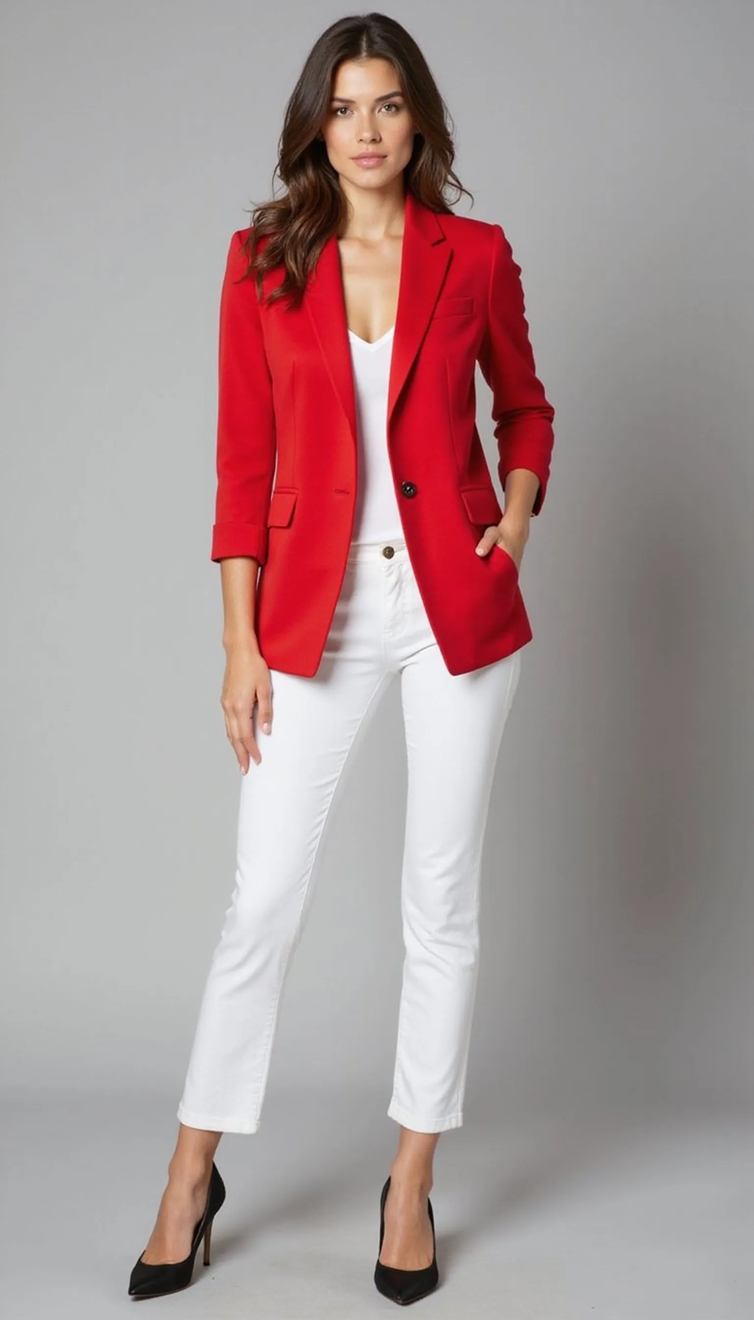 Tailored red blazer with white jeans, chic twist