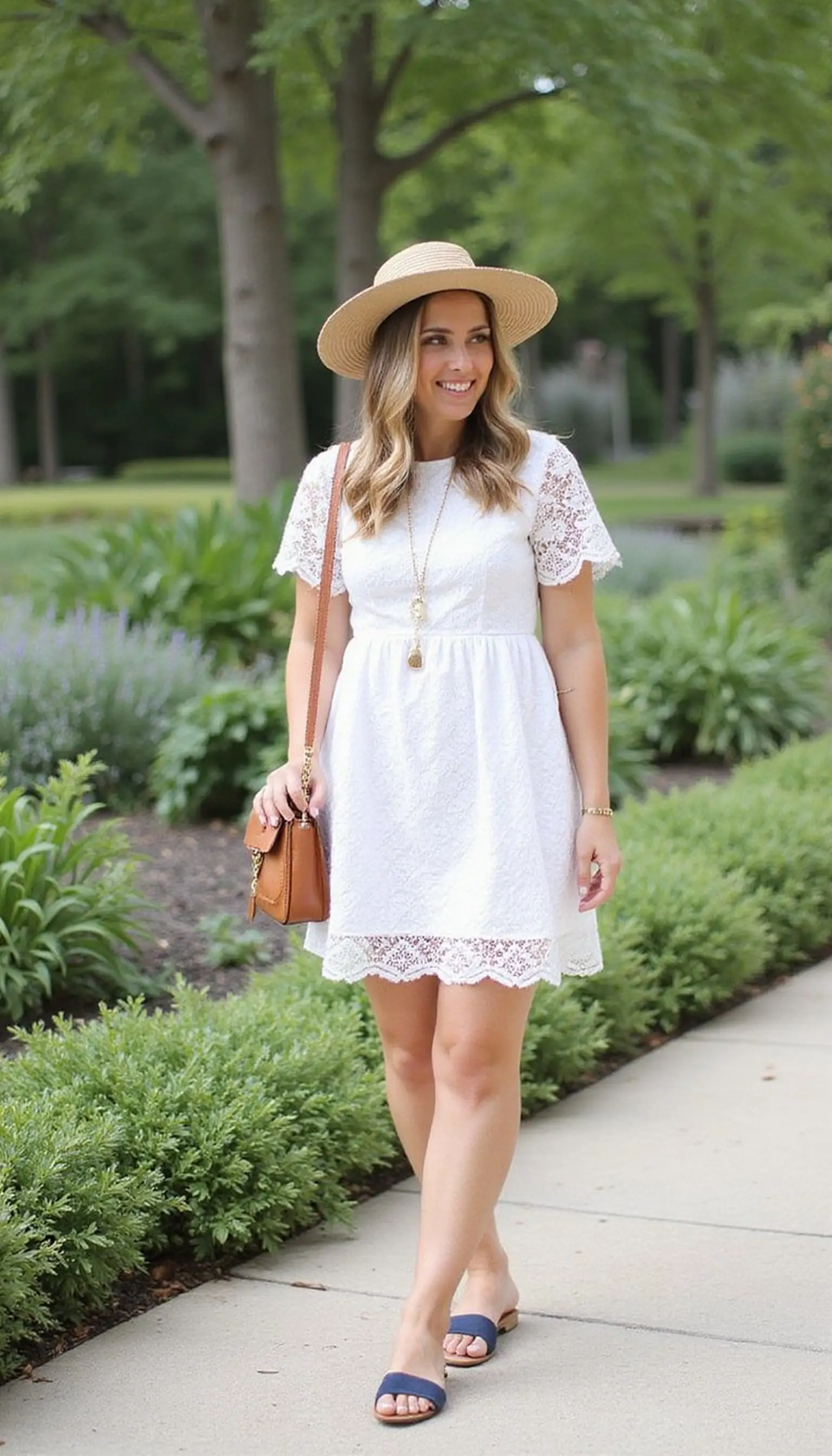White eyelet dress with blue accessories