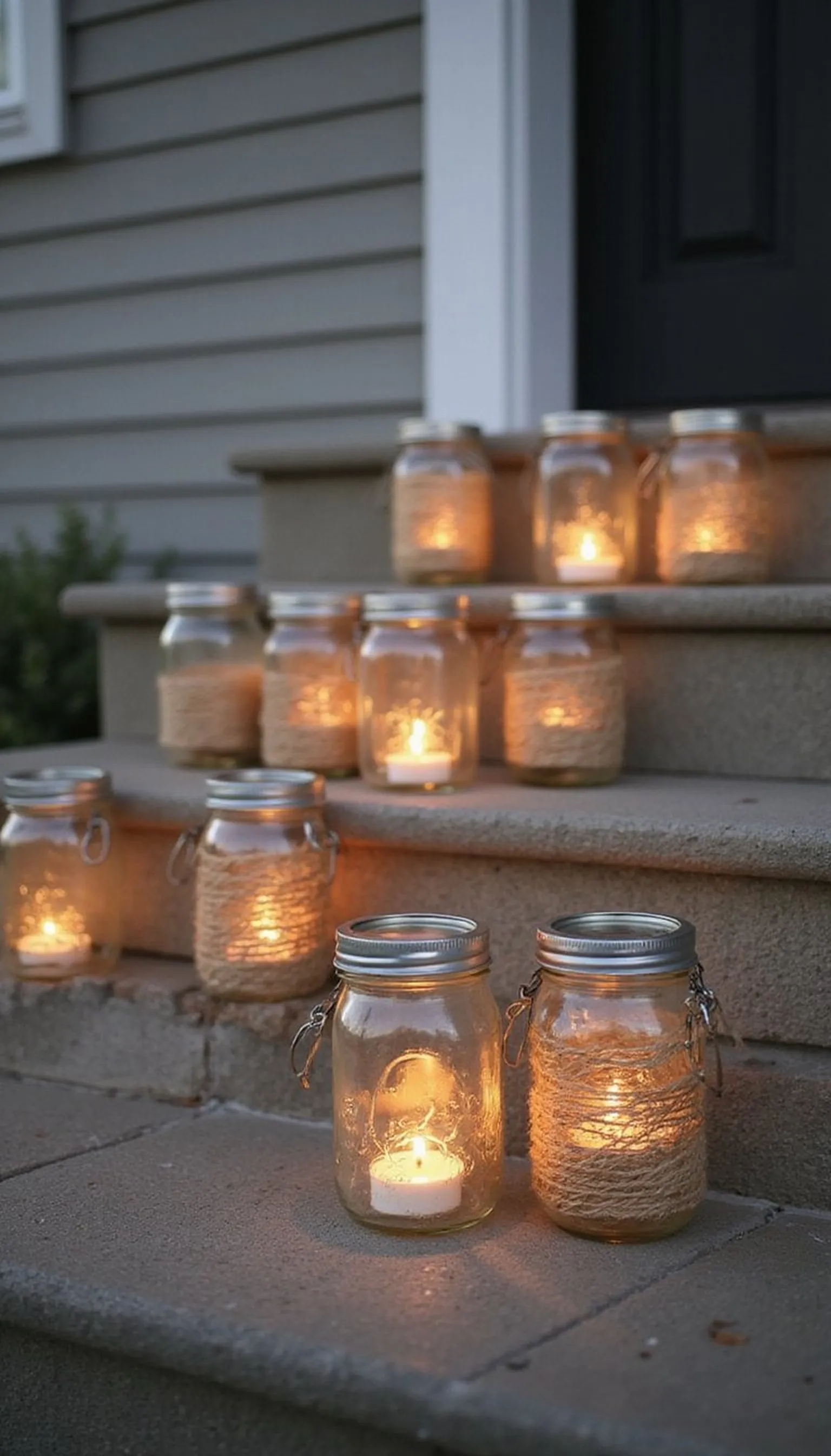 Mason Jar Lanterns Lined Along Steps