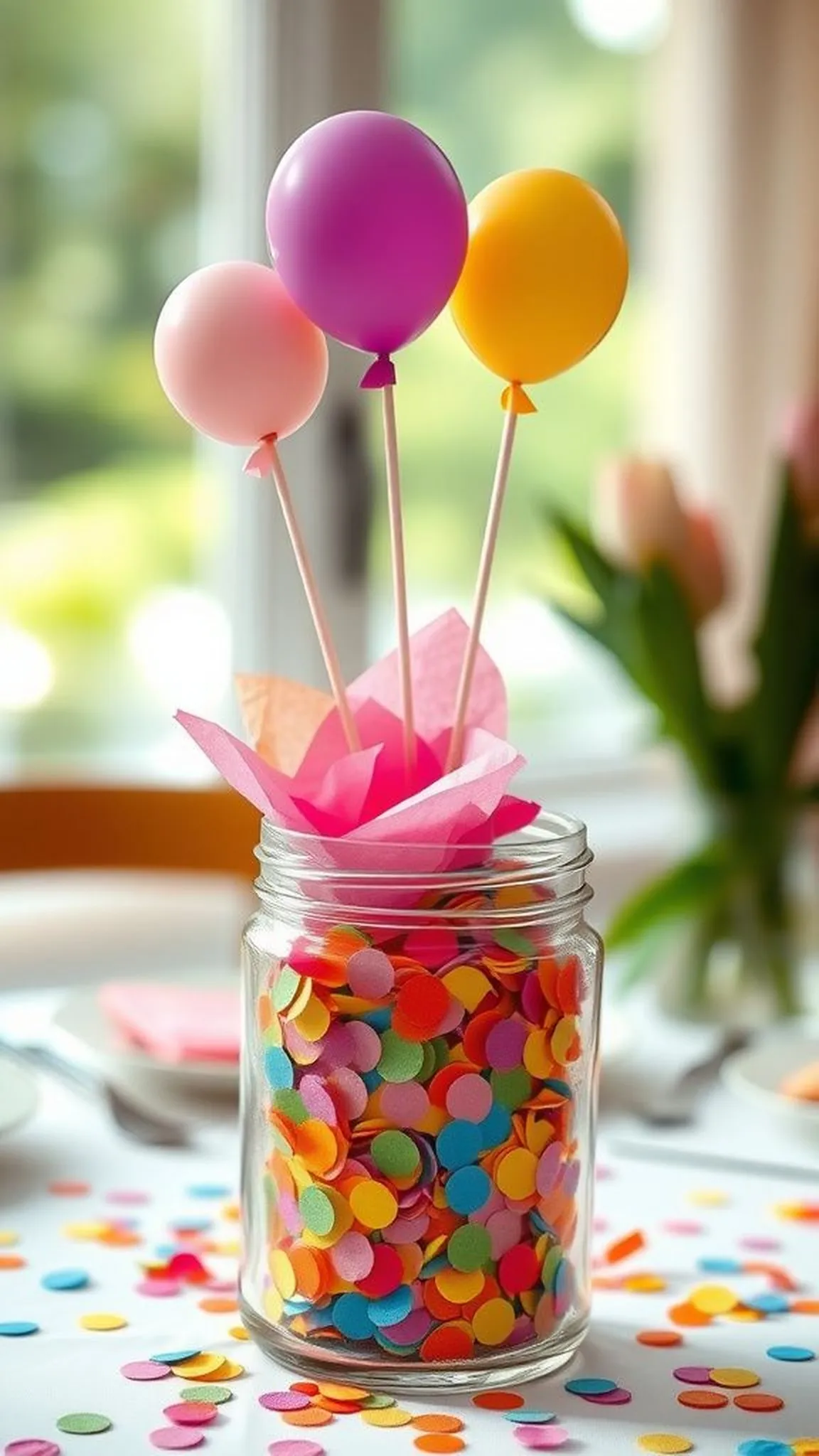 Centerpiece jar with balloons and confetti pop