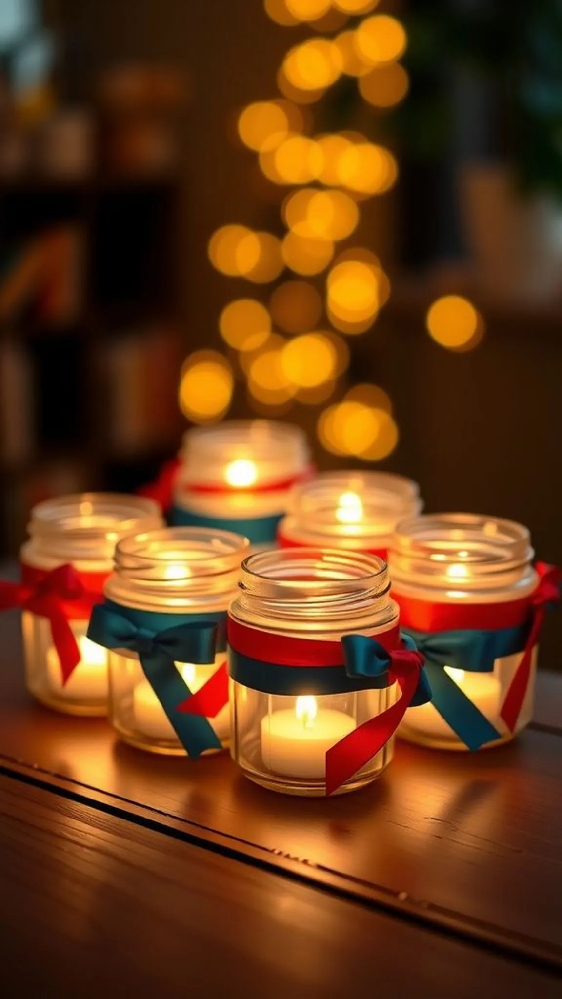 Ribbon-wrapped candle jars for gentle ambiance