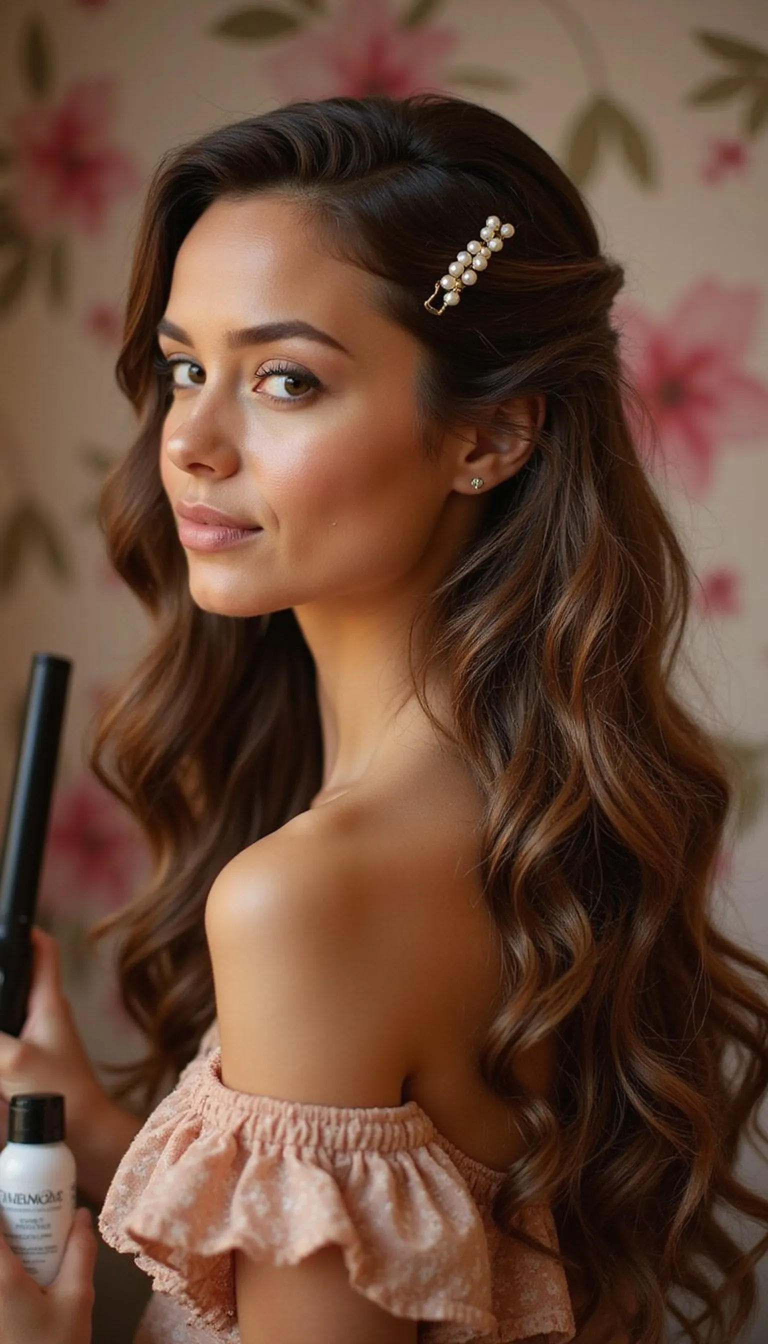 Curled Half Up With Pearl Pins