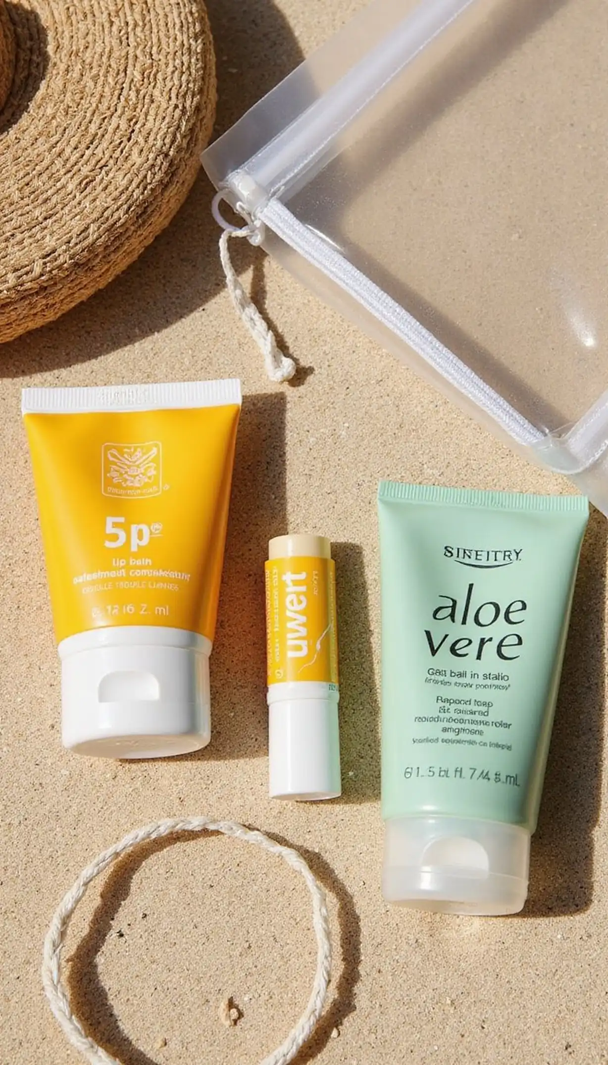 Sun-care kit: sunscreen, lip balm, aloe gel