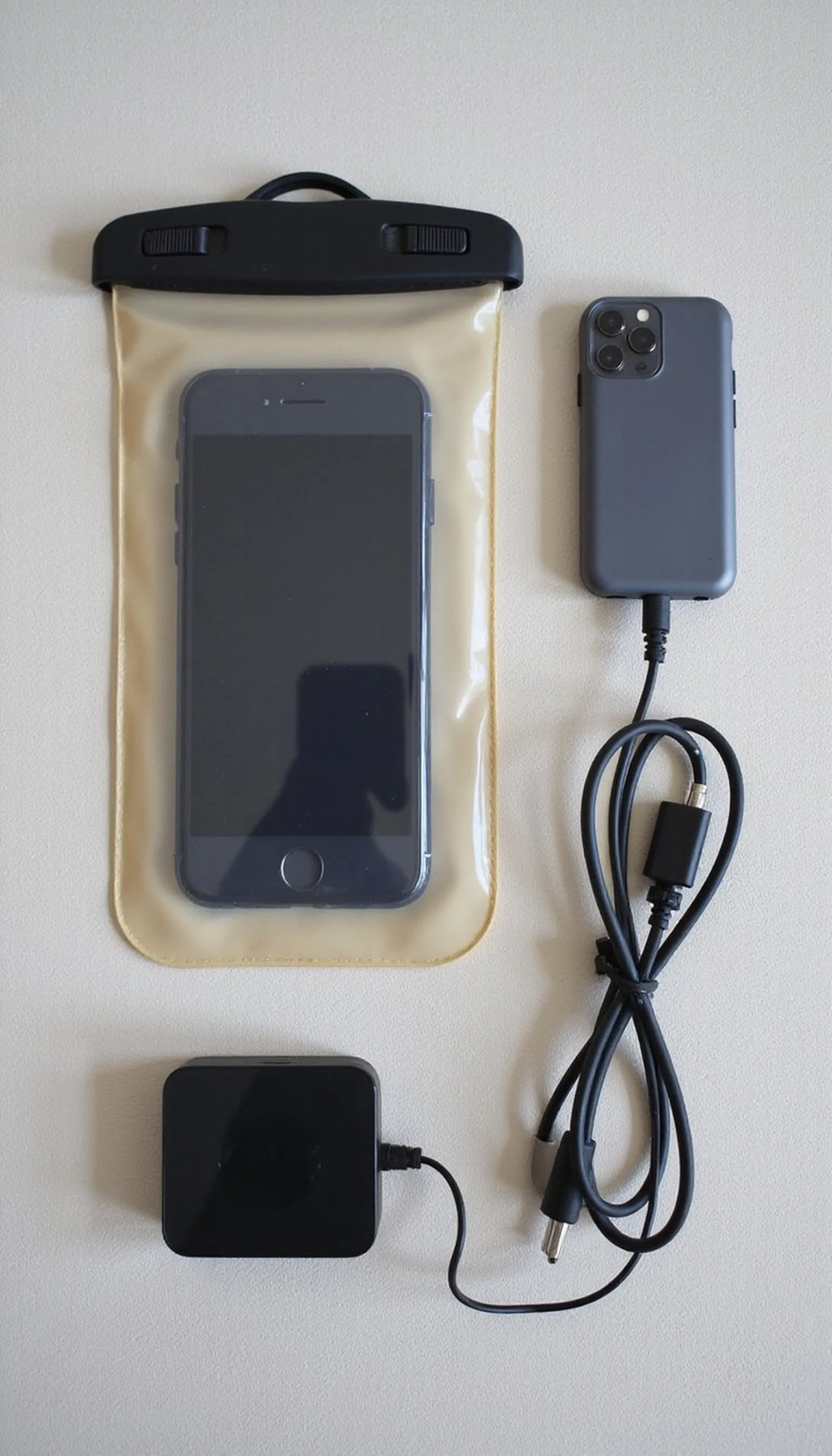 Waterproof phone pouch plus backup power solutions