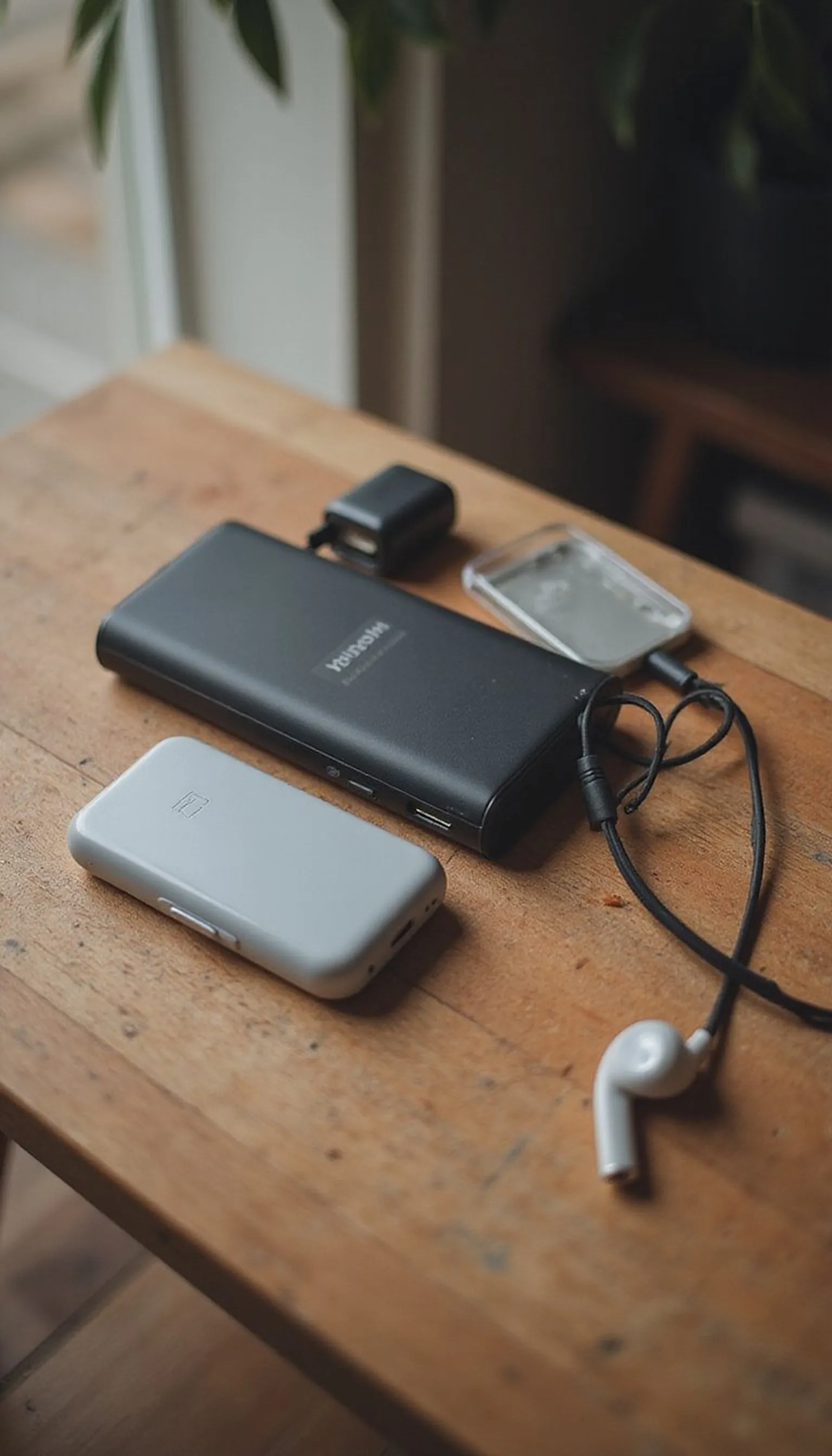 Electronics kit: chargers, power bank, and earbuds