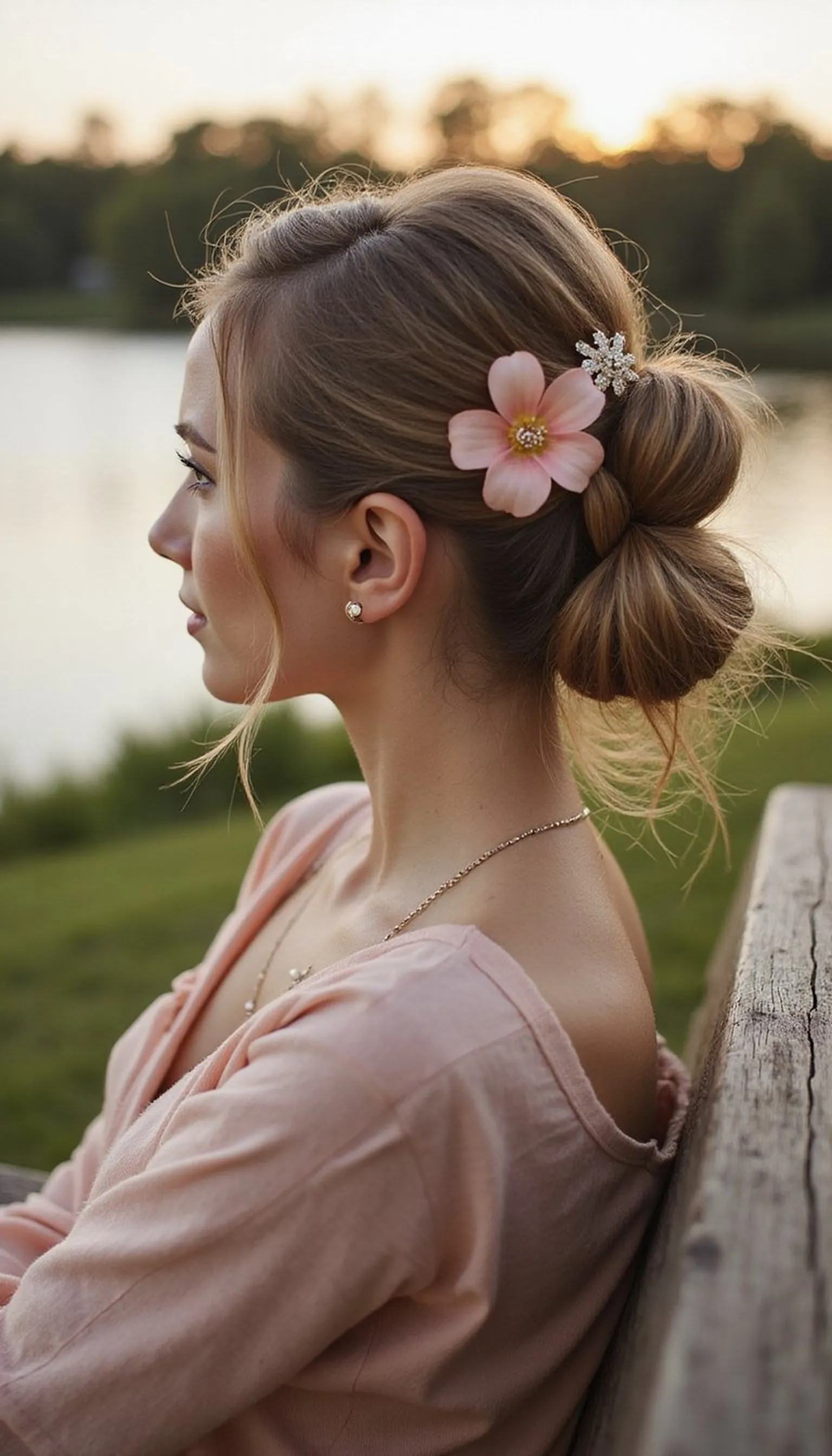 Textured Side Bun With Flower Clip