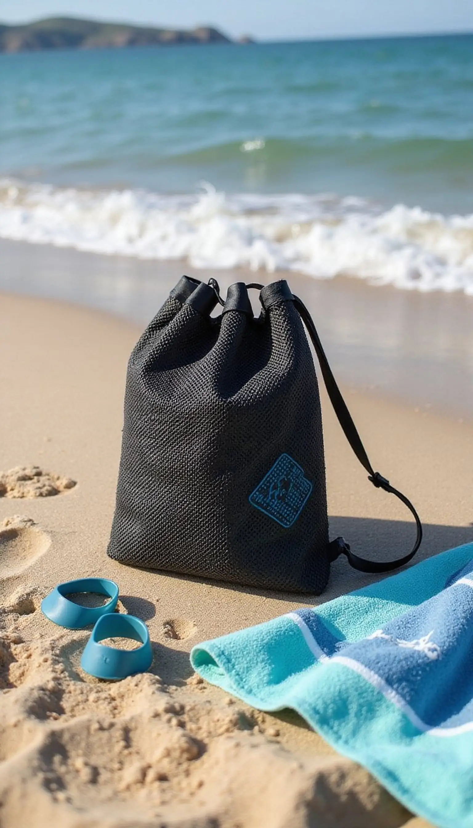 Sand-Free Setup: Mesh Bag and Towel Clips