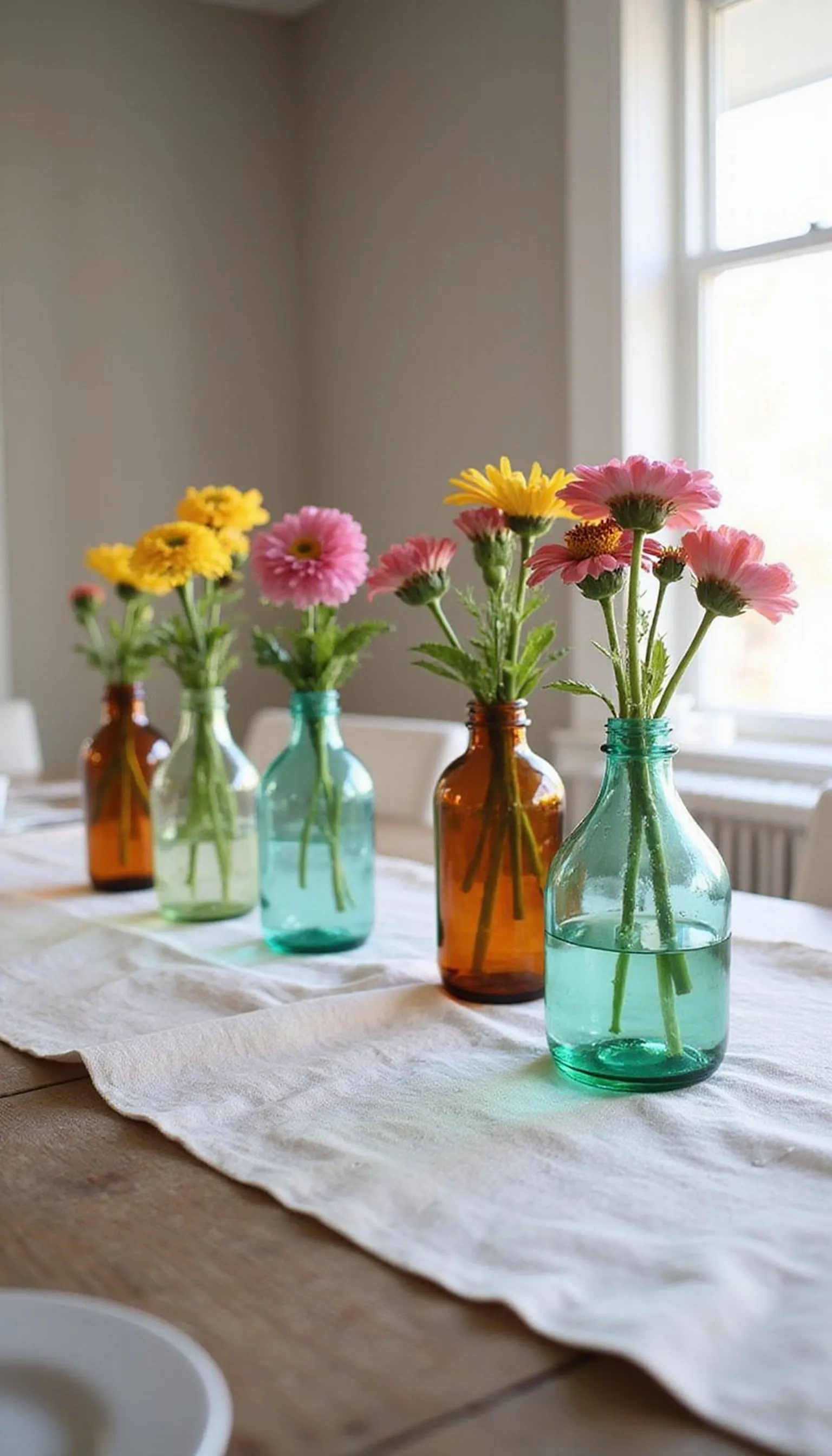 Colored Bottles with Single Stem Flowers