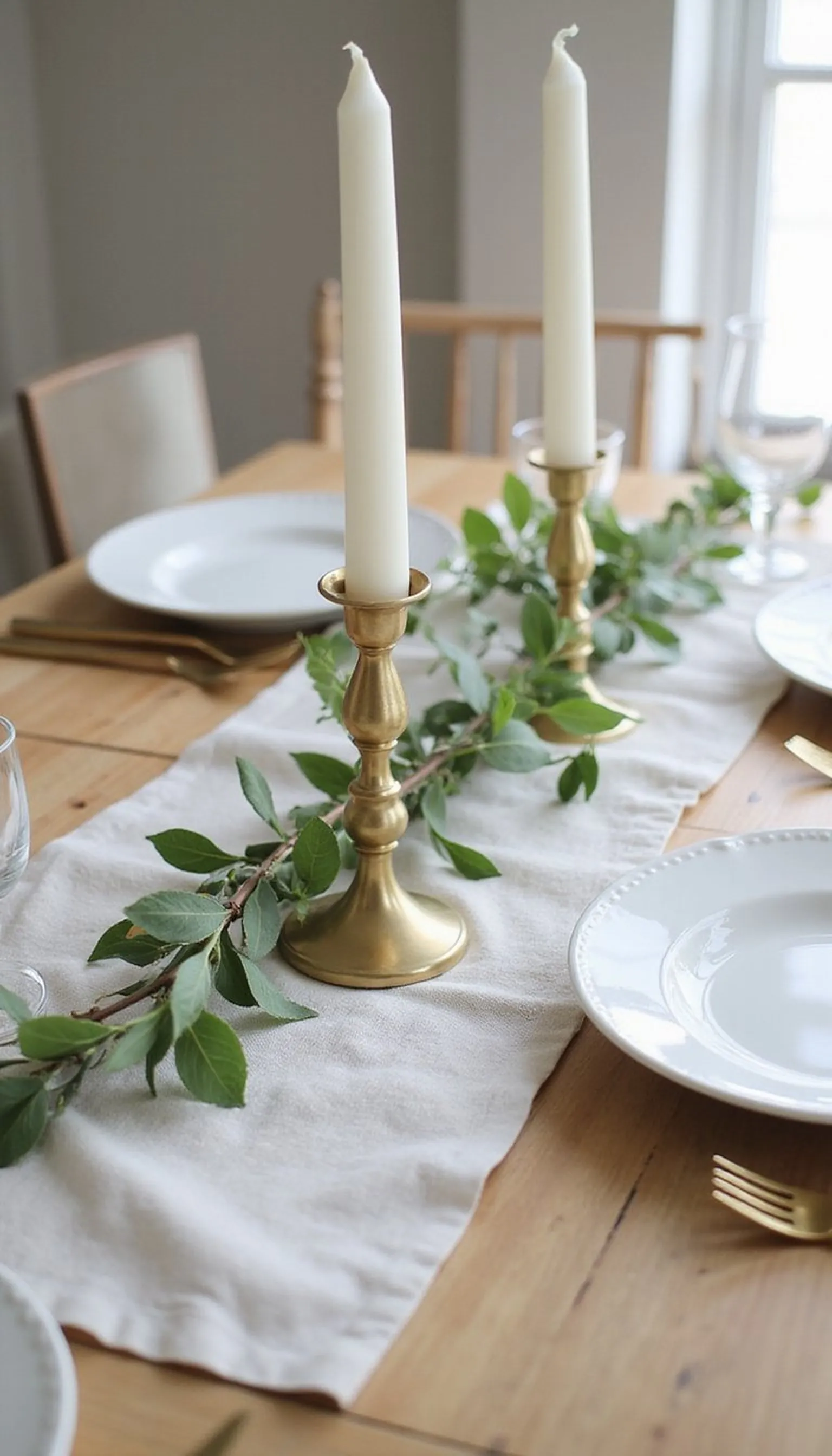 Linen Runner with Brass Candlesticks and Greens