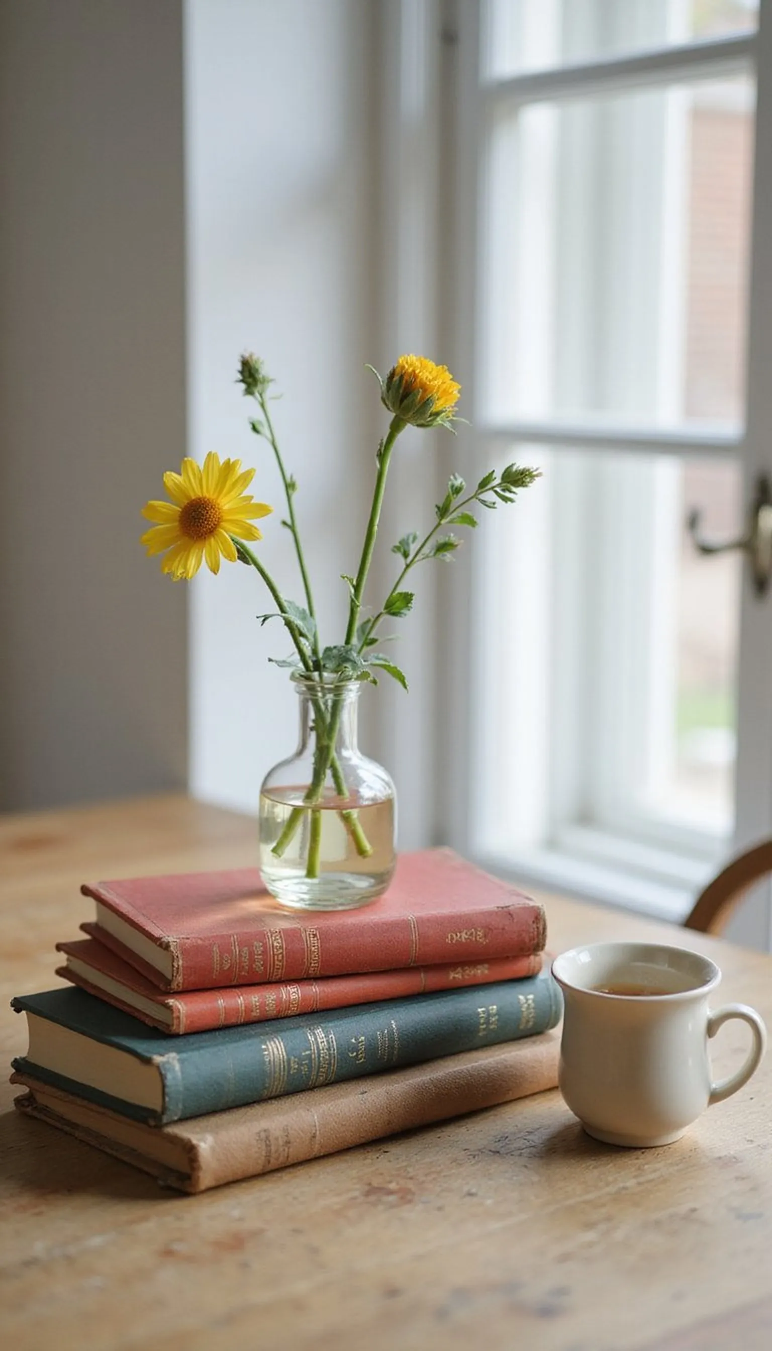 Vintage Books Stacked with a Tiny Bud Vase