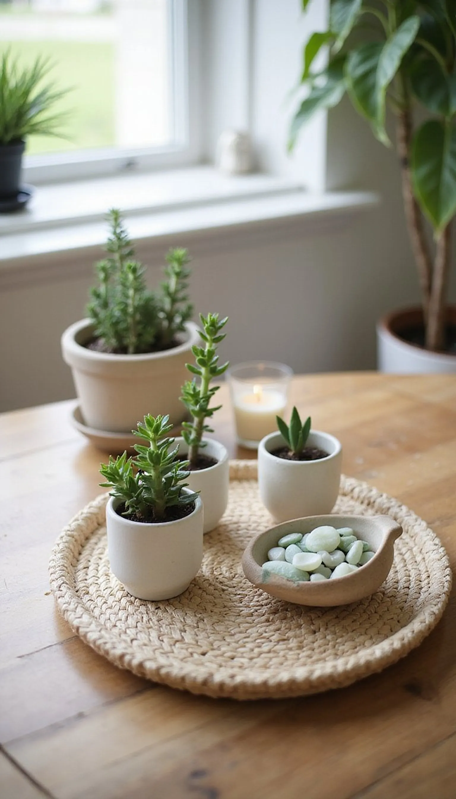 Woven Tray with Potted Succulents and Shells