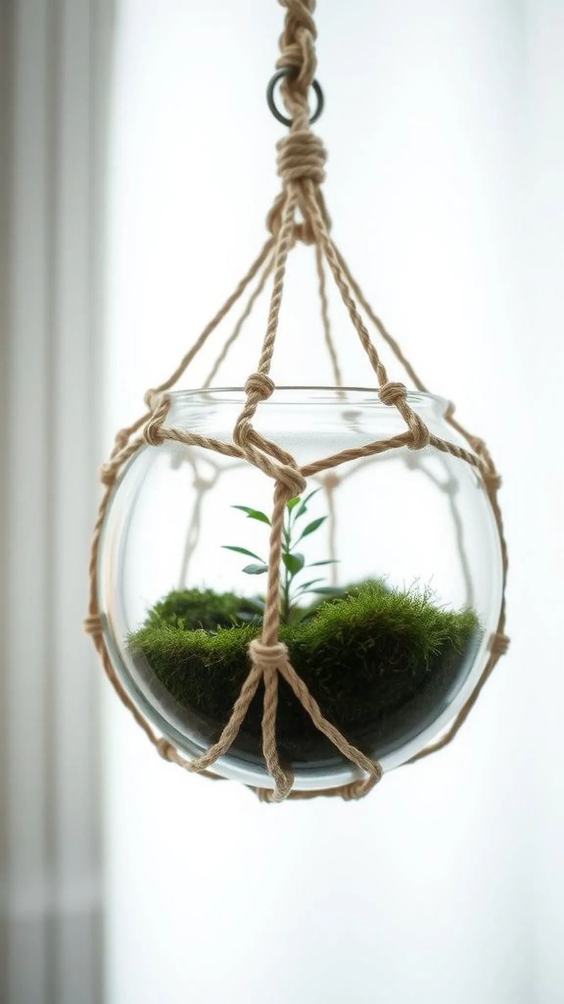 Hanging glass terrarium with macrame cradle