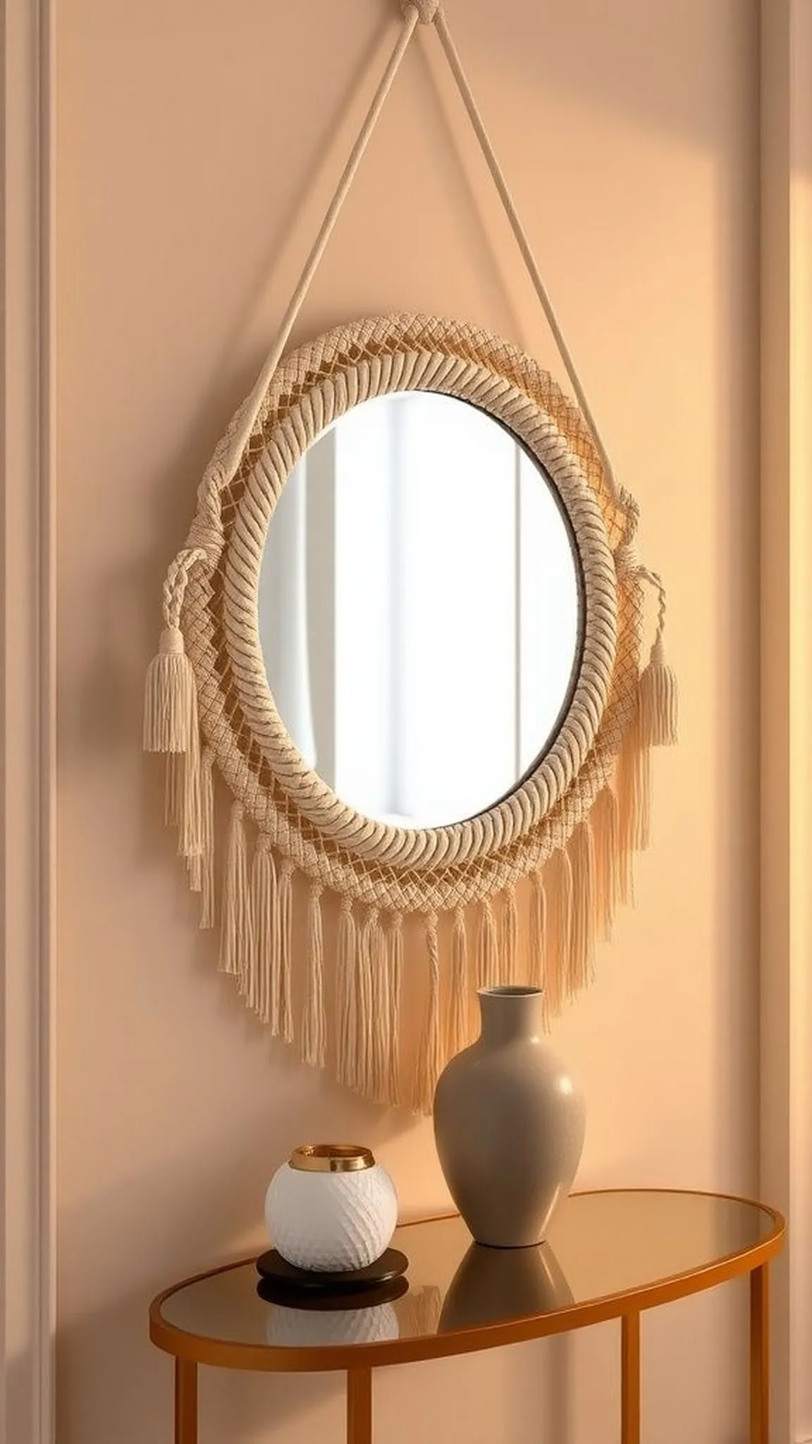 Macrame mirror frame with woven detailing