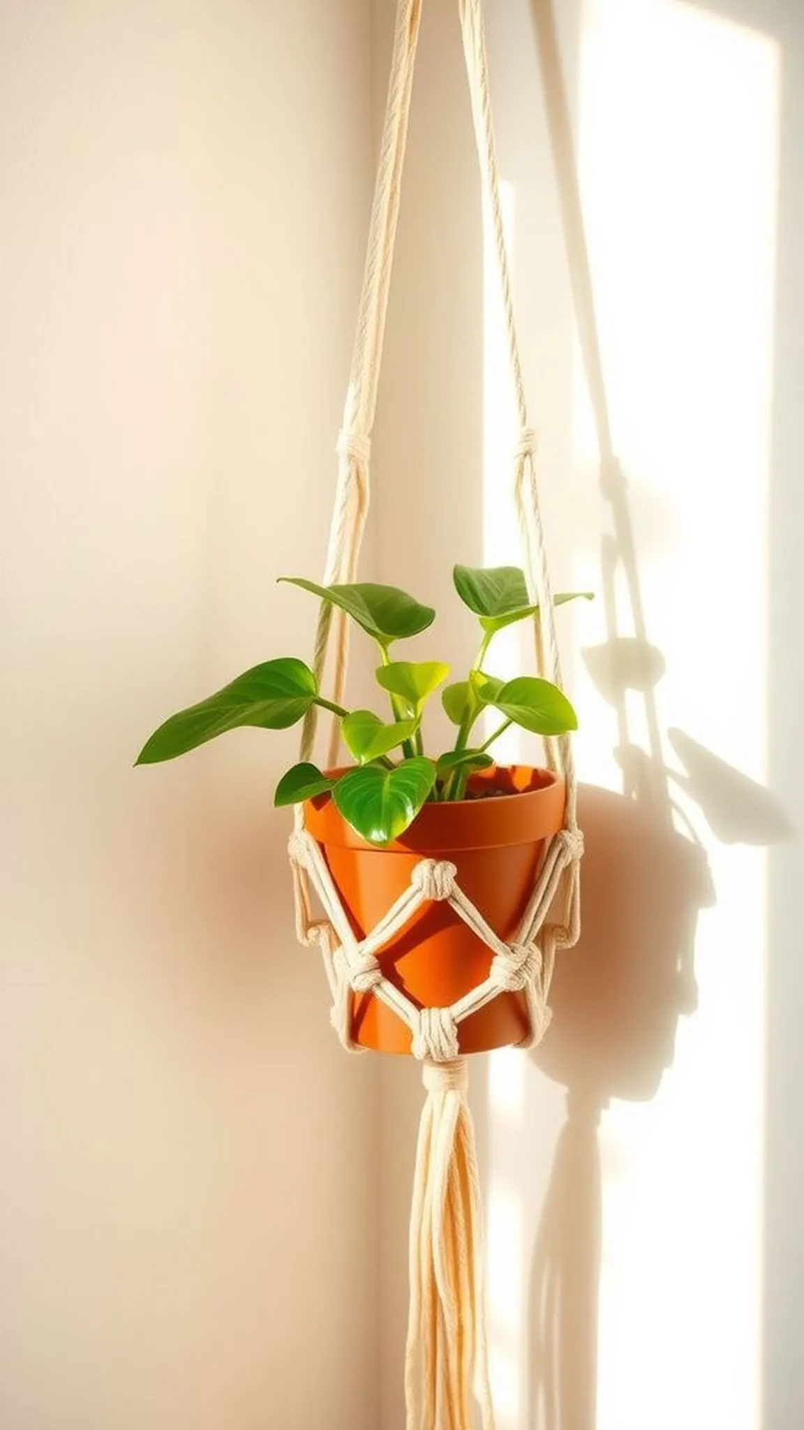 Macrame plant pocket integrated into wall art