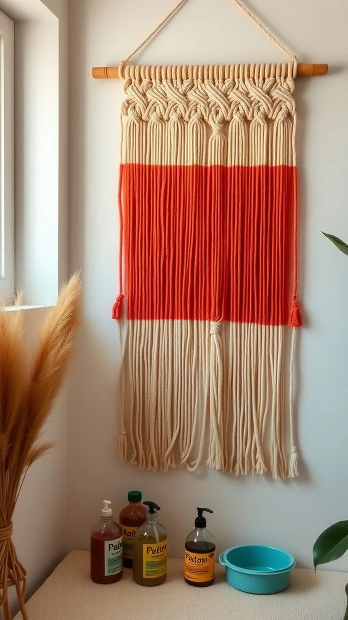 Ombre dyed macrame panel with sunset tones